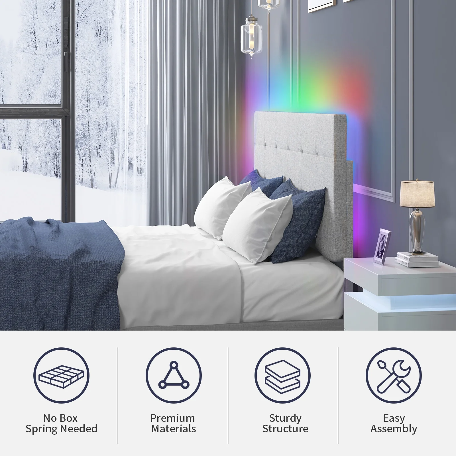 ijuicy Full Size Bed Frame with Smart RGB LED Lights Button Tufted Bed Frames with Adjustable Headboard Linen Fabric Upholstered Platform Bed - Light Grey