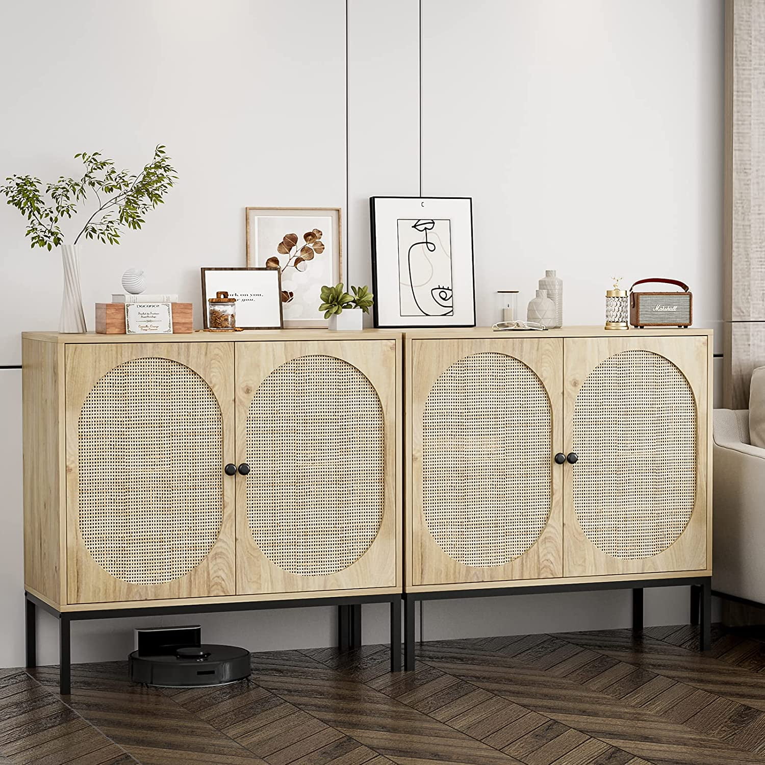 IKIFLY Set of 2 Accent Storage Cabinet with Handmade Natural Rattan Doors - Rattan Sideboard Buffet Cabinet - Kitchen Cupboard Server Console Table for Dining Room, Bedroom, Hallway - Natural