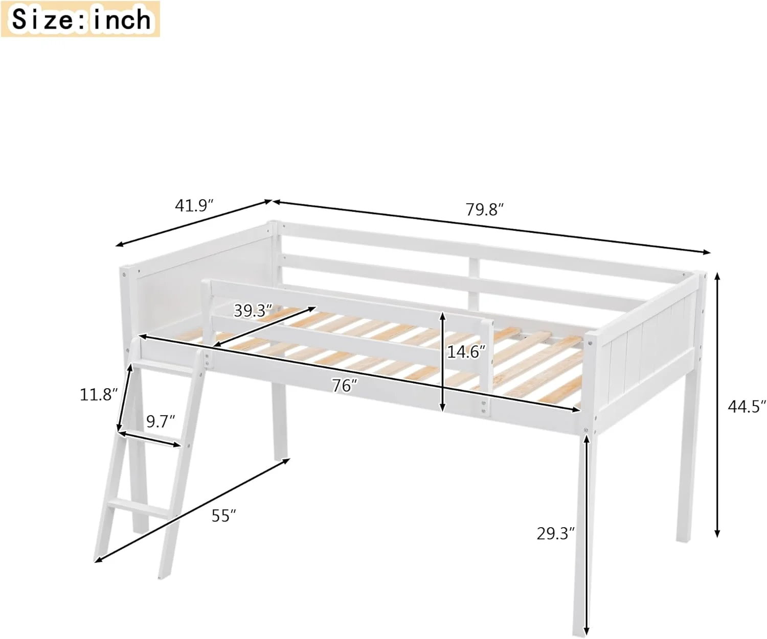 Size Loft Bed With Large Uder-Bed Space,Guardrail,Wood Loft Bed With Moveable Ladder,Space Savig Bed With Storage, Bed Frame With Strog Woode Slats Support,Tees,Kids