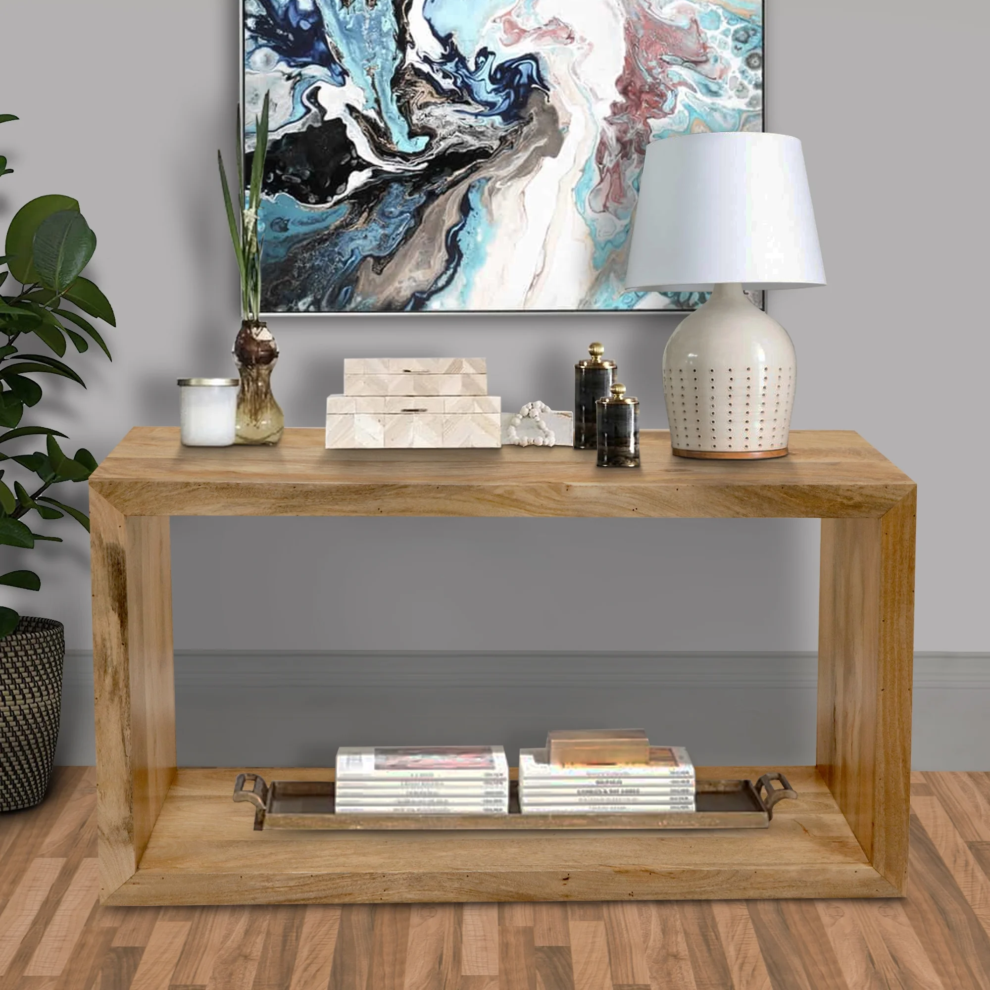Keli 52 Inch Mango Wood Sideboard Console Table Open Cube 1 Shelf Natural Brown- Saltoro Sherpi