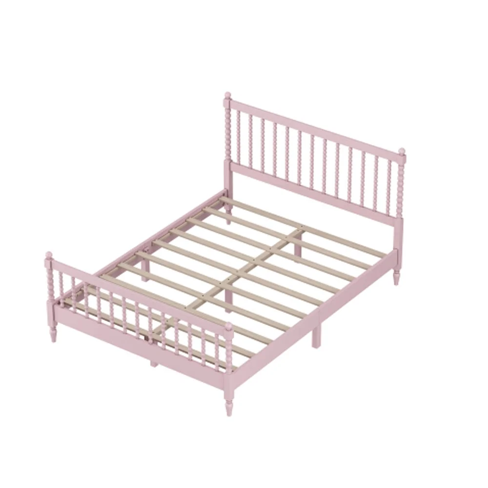 Queen Size Wood Platform Bed with Gourd Shaped Headboard and Footboard, Pink