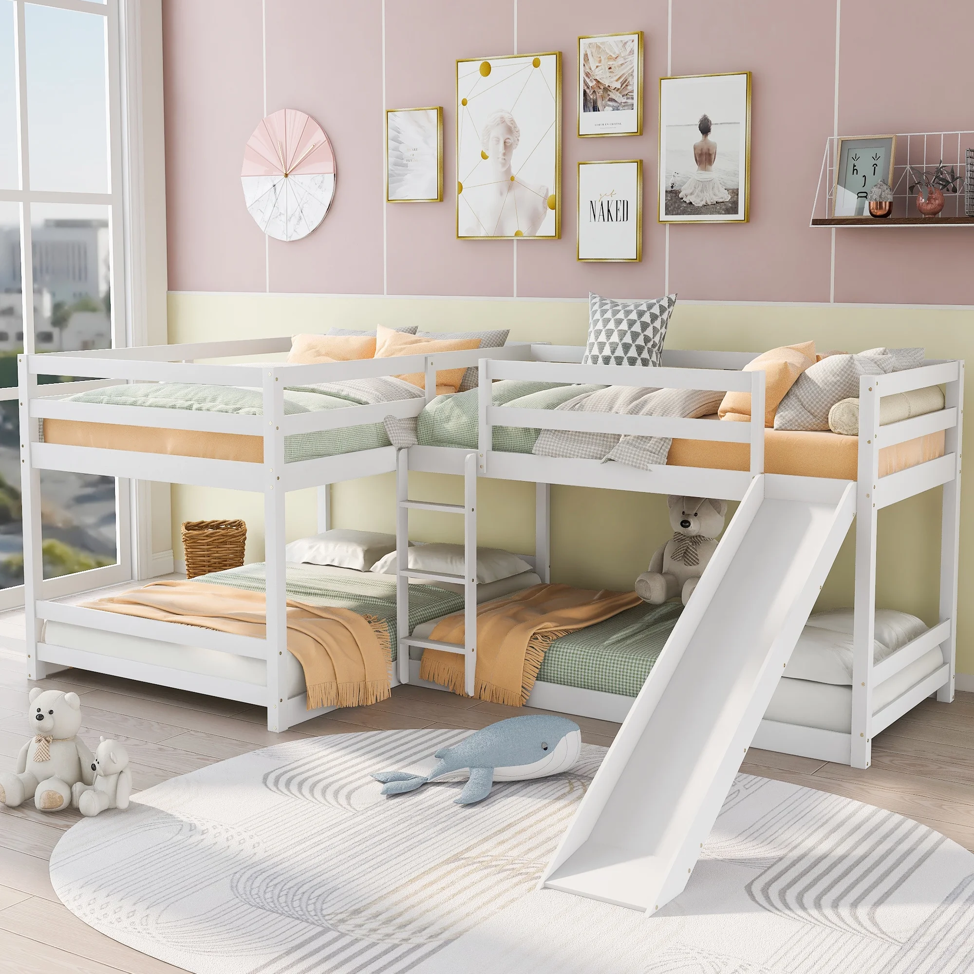Anself Full and Twin Size L-Shaped Bunk Bed with Slide and Short Ladder,White