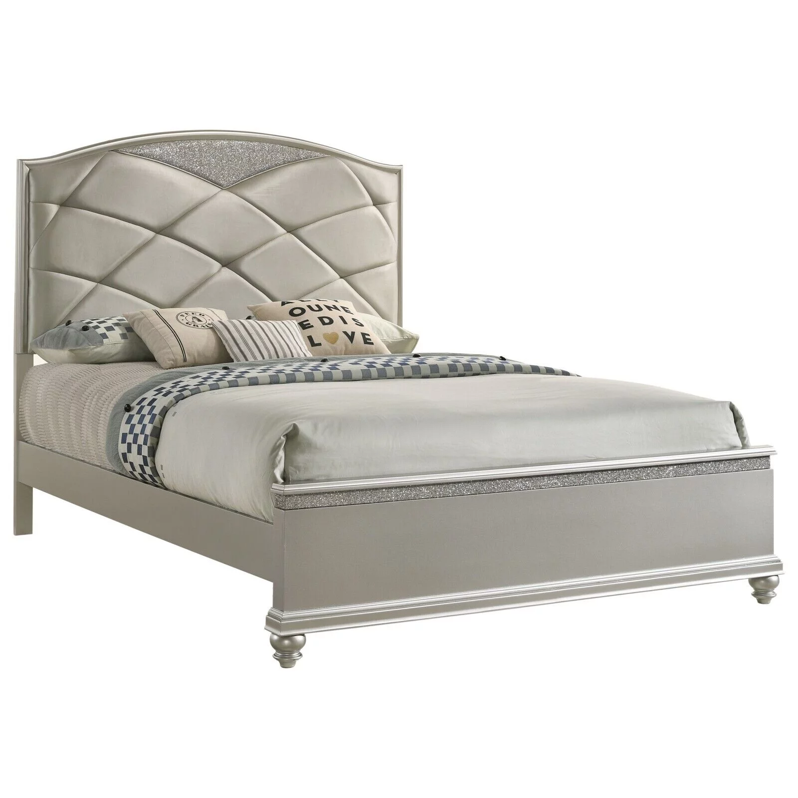 1pc Traditional Style Queen Size Panel Upholstered Bed Wooden Bedroom Furniture Set Metallic Silver Finish