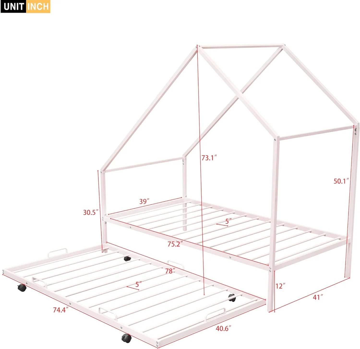 YGDU Twin Size Metal House Bed with Trundle,Pink