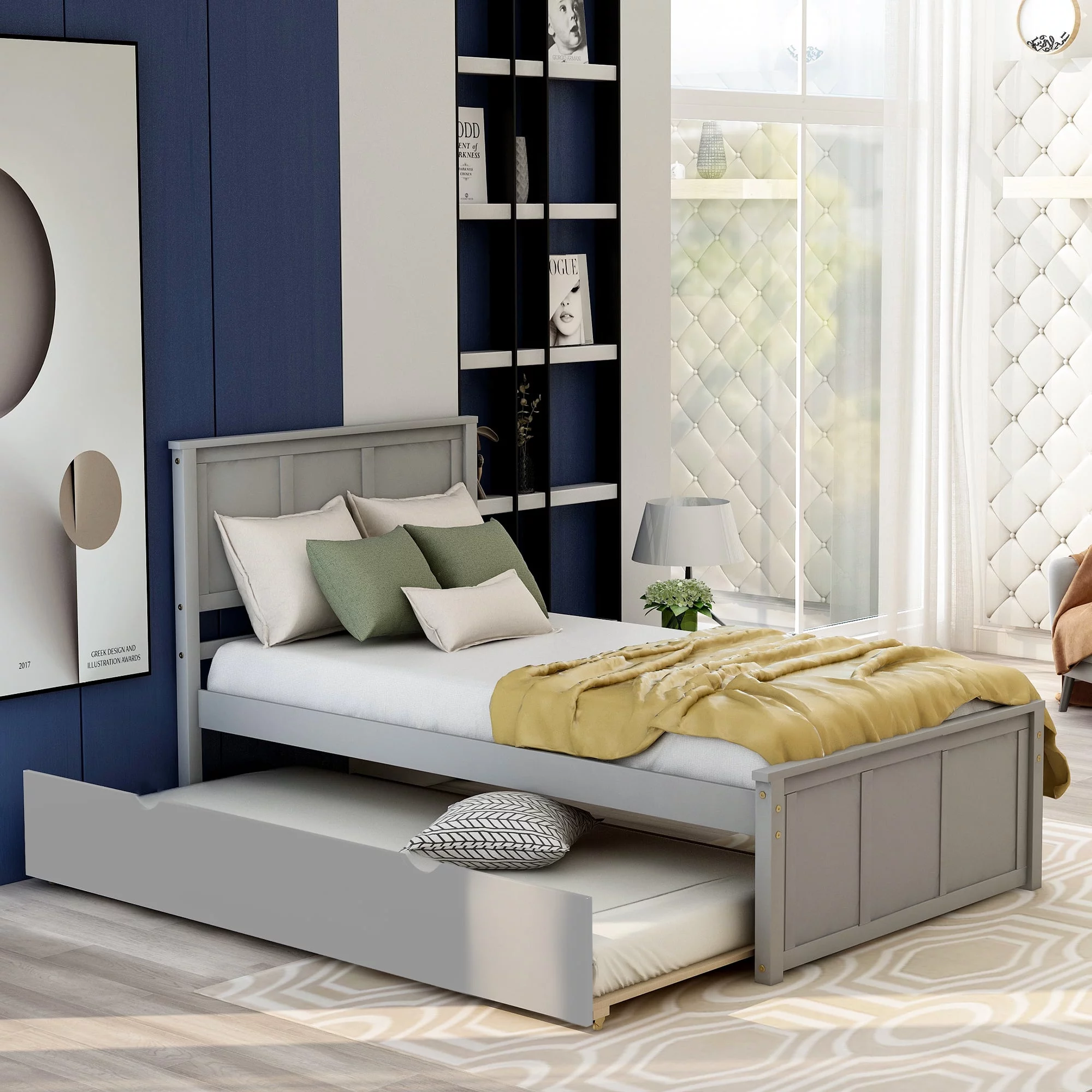 Livspace Platform Bed with Twin Size Trundle, Twin Size Frame, Gray