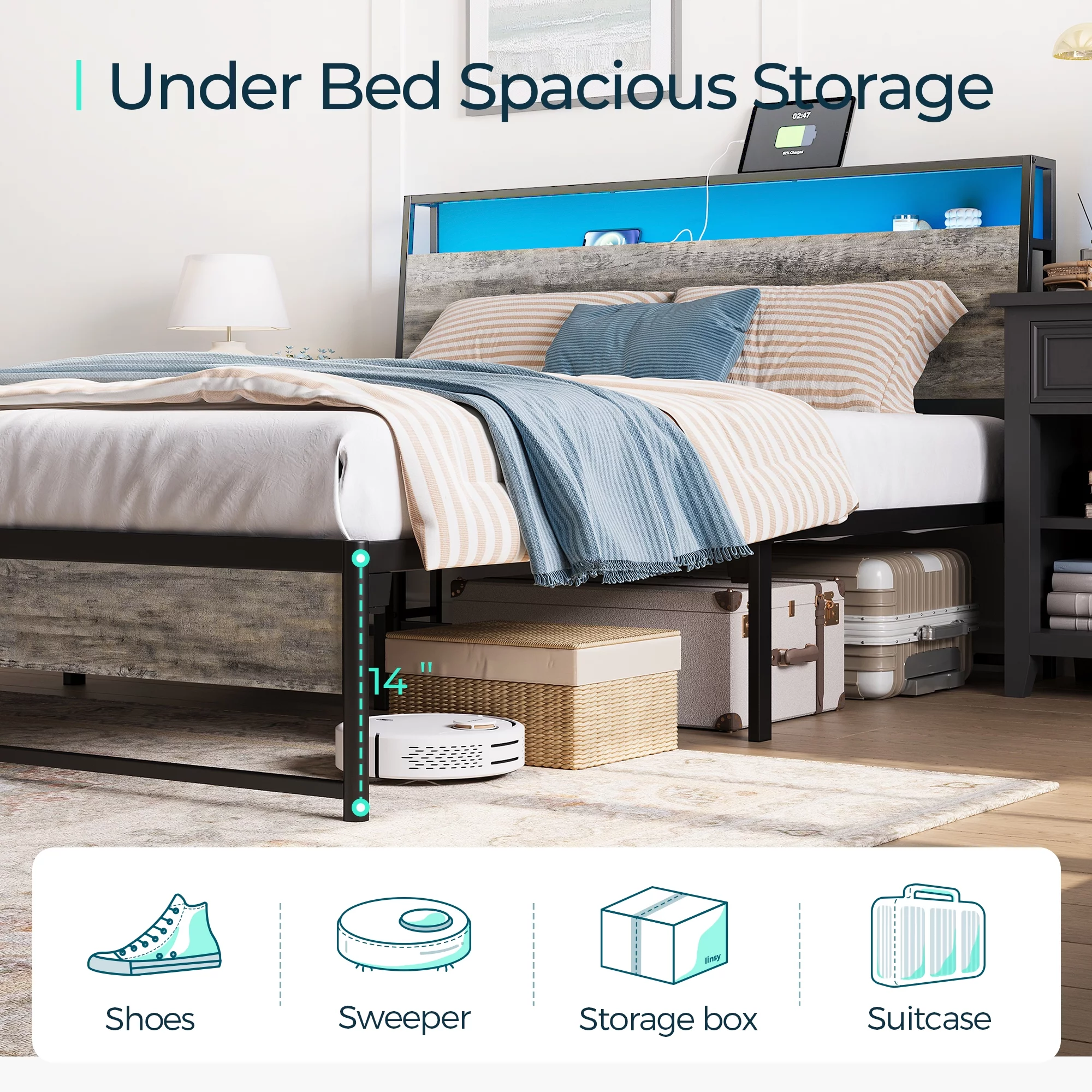 Linsy Home Full Size Platform Bed Frame with Headboard and 3 Storage Shelves, Metal Bed with Lights, Outlets & USB, Light Grey