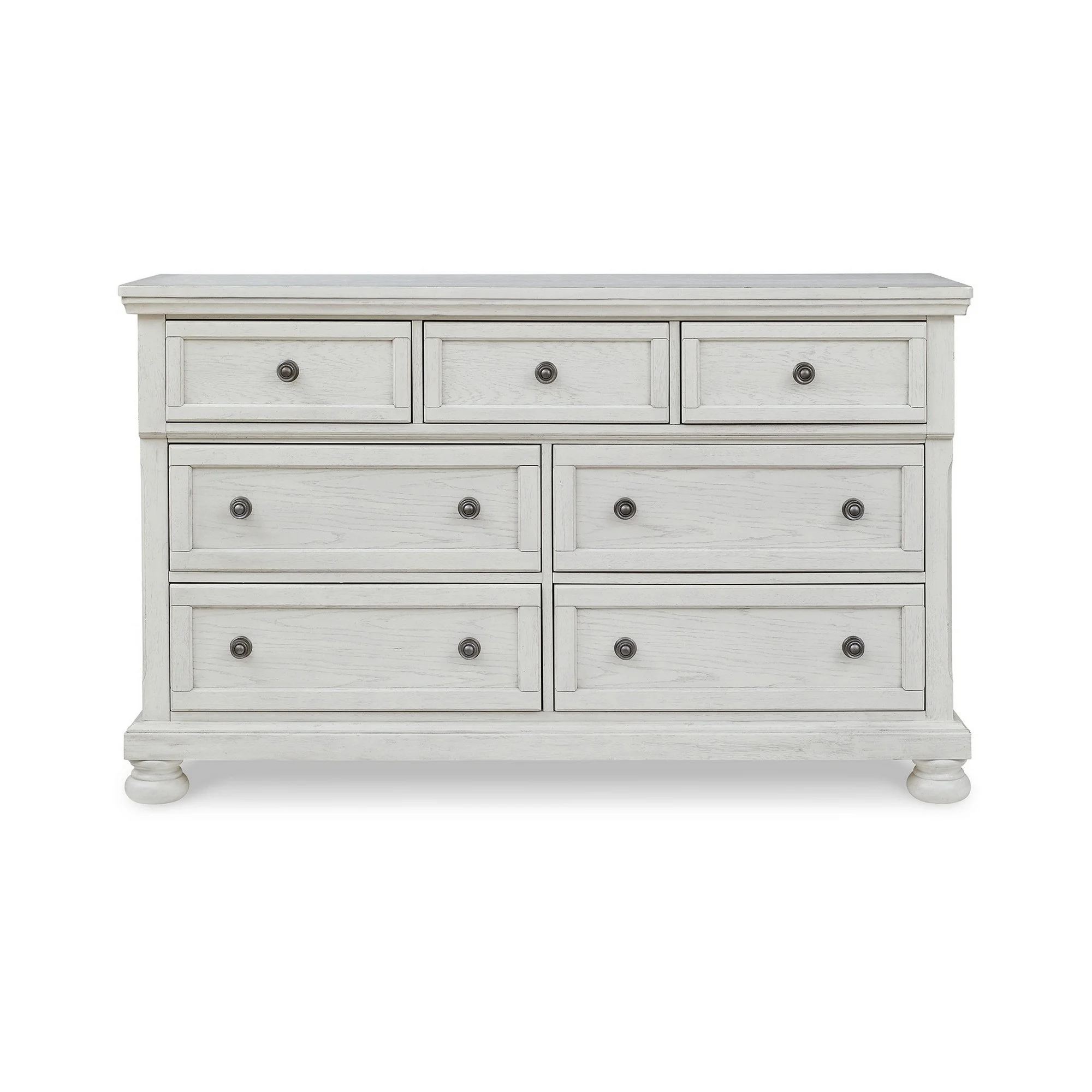 Benjara Kith 66 Inch Traditional Dresser, Vintage White Wood, 7 Drawers, Bun Feet