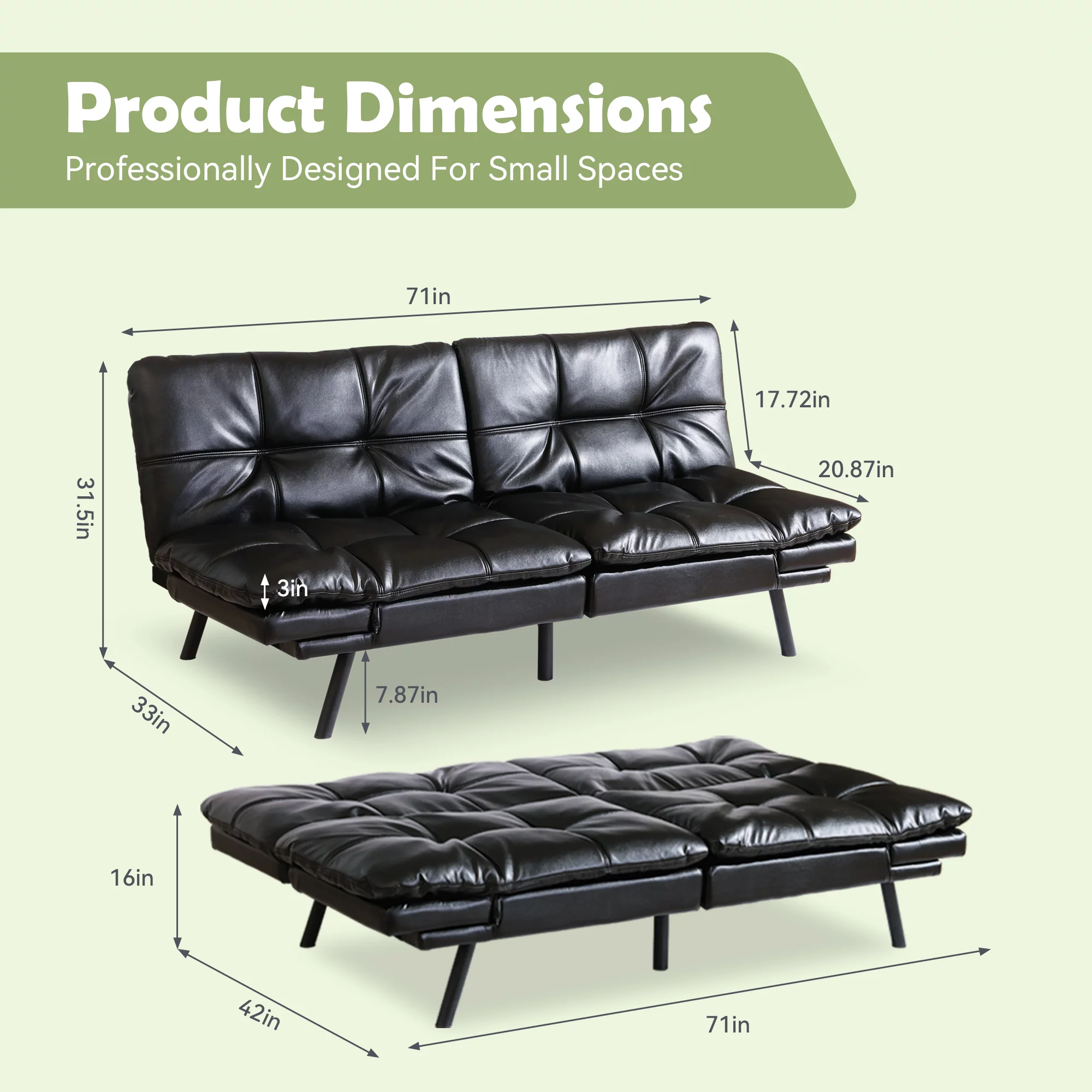 Hcore Memory Foam Convertible Sofa Bed/Couch/Futon Sets with Black Faux Leather for Living Room