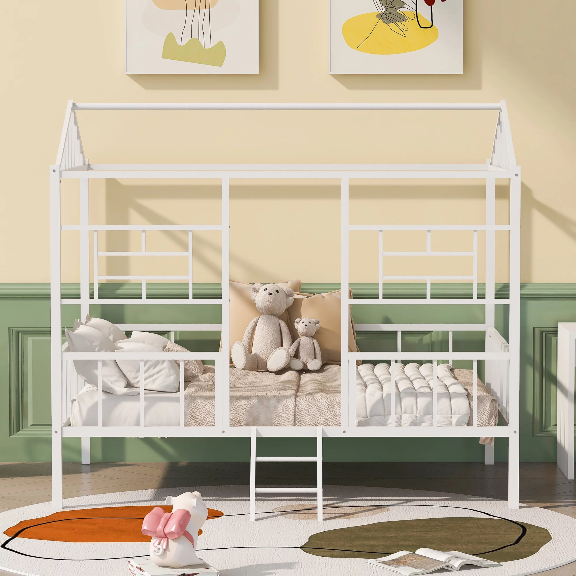 ikayaa Metal House Bed Frame Full Size with Slatted Support No Box Spring Needed White