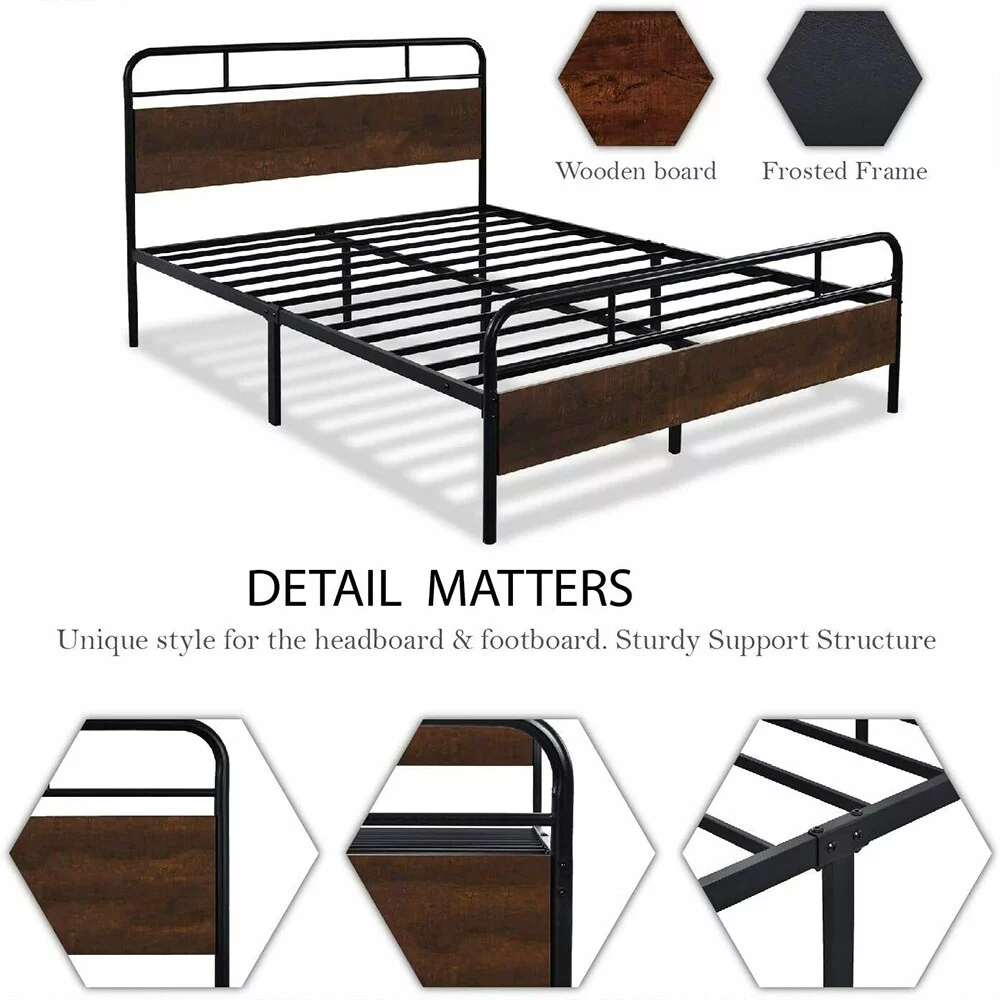 Full Size Heavy Duty Metal Bed Frame with Wood Headboard, Brown