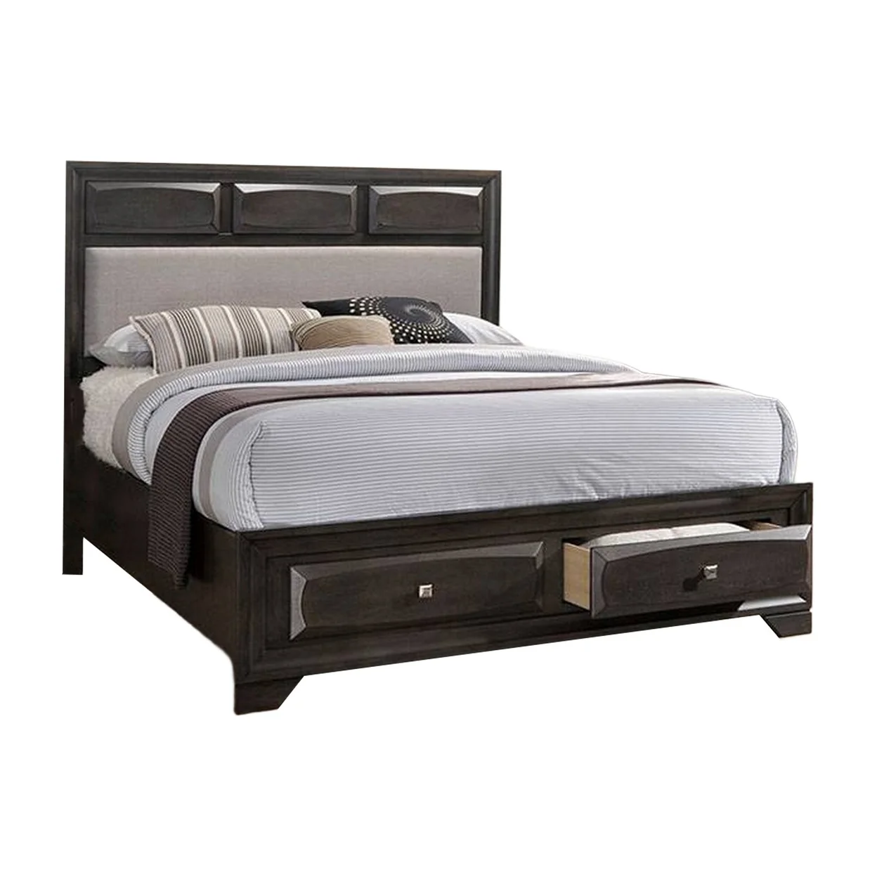 Kevi Queen Size Bed Beige Fabric Upholstered Headboard Storage Oak Gray- Saltoro Sherpi