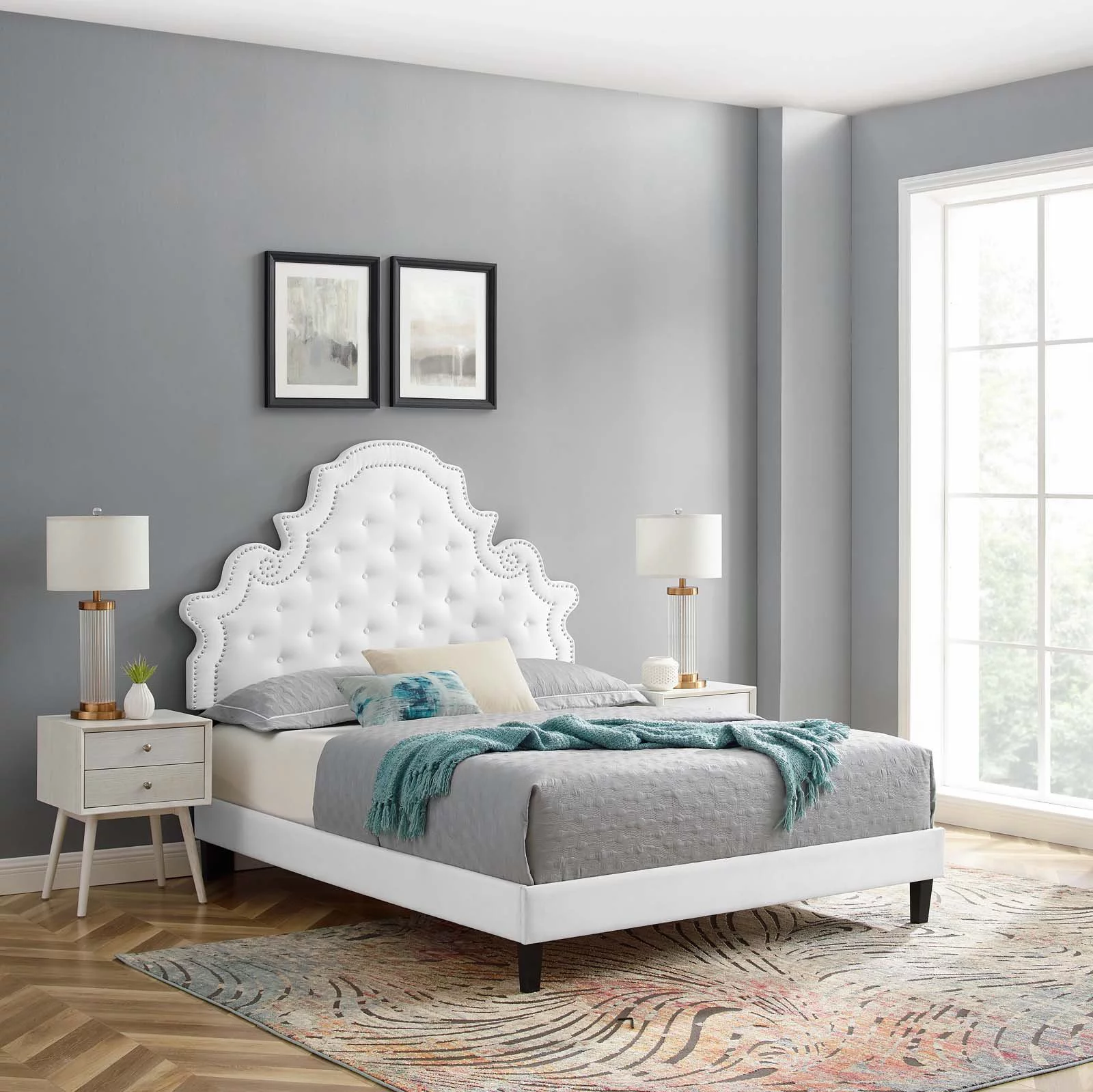 Tufted Platform Bed Frame, King Size, Velvet, White, Modern Contemporary Urban Design, Bedroom Master Guest Suite