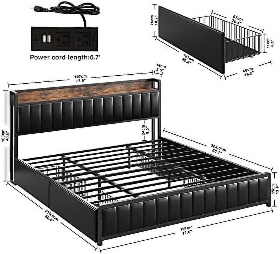 TJUNBOLIFE Queen Bed Frame with  Drawers Headboard & Footboard  Upholstered Platform Bed with USB Ports & Outlets  No Box Spring Needed