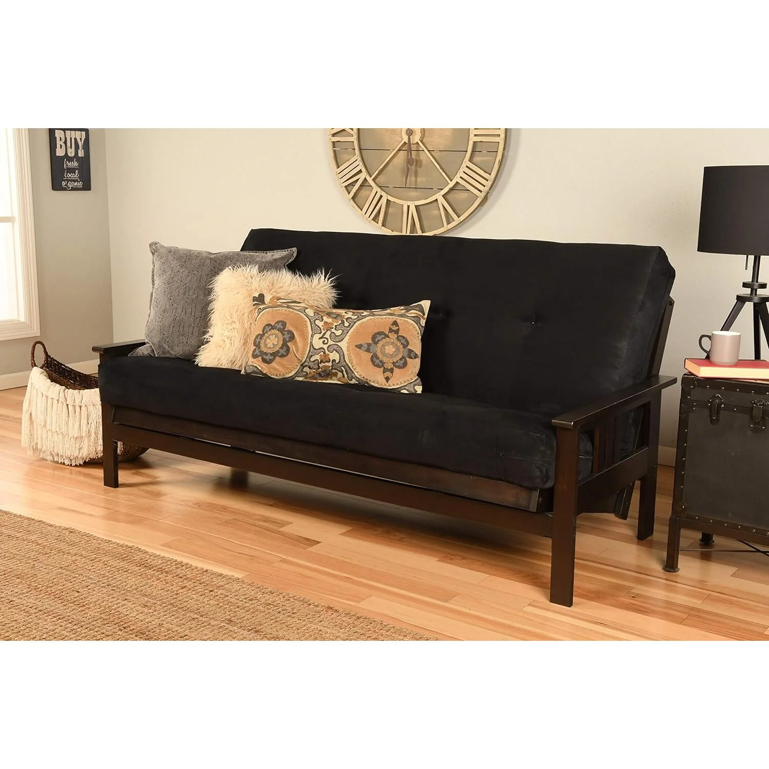 Homestock Elegant Escape Futon Frame/Espresso Finish/Suede Black Mattress