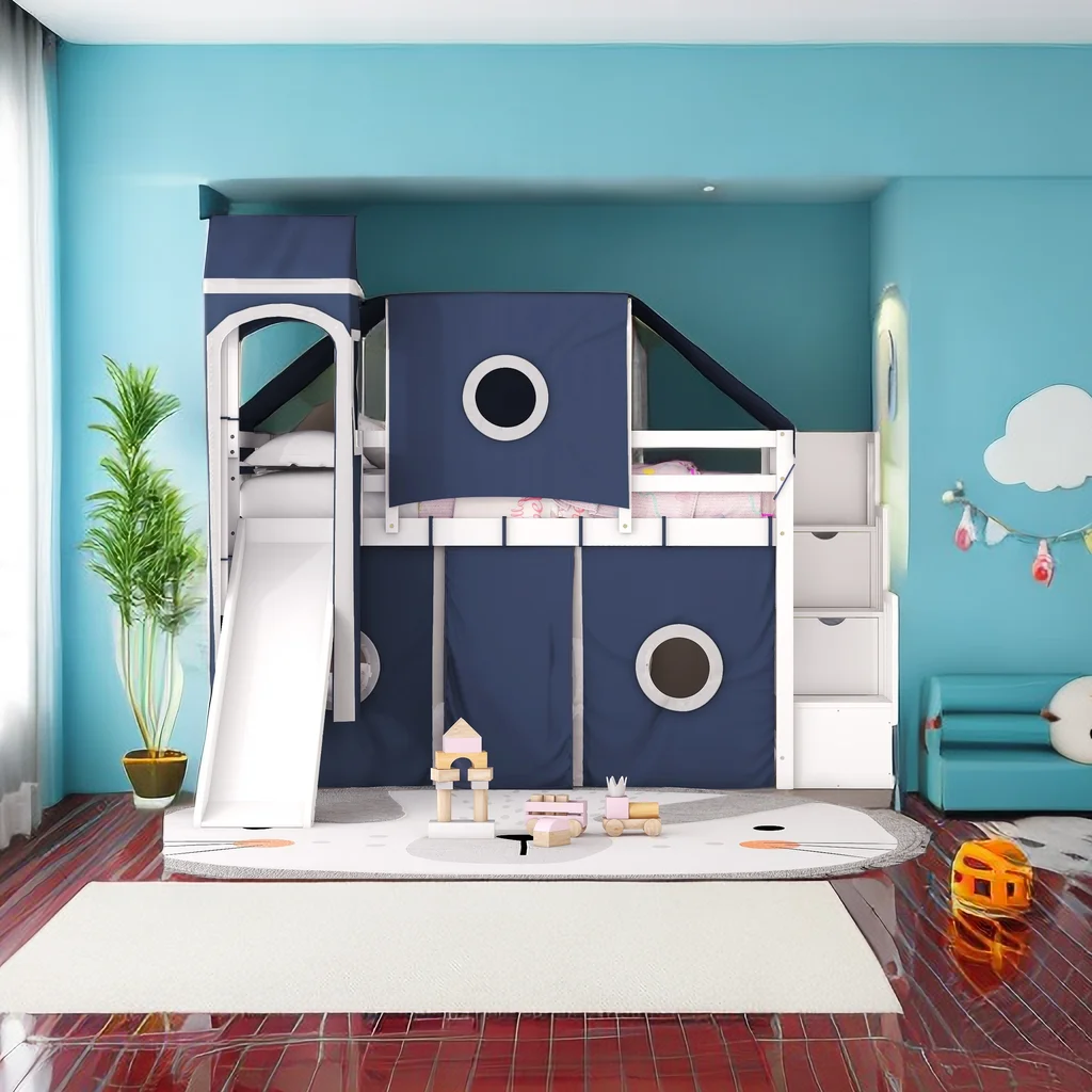 Twin Size Castle Loft Bed with Blue Tent and Tower,Wood Twin Loft Bed with Slide and Staircase