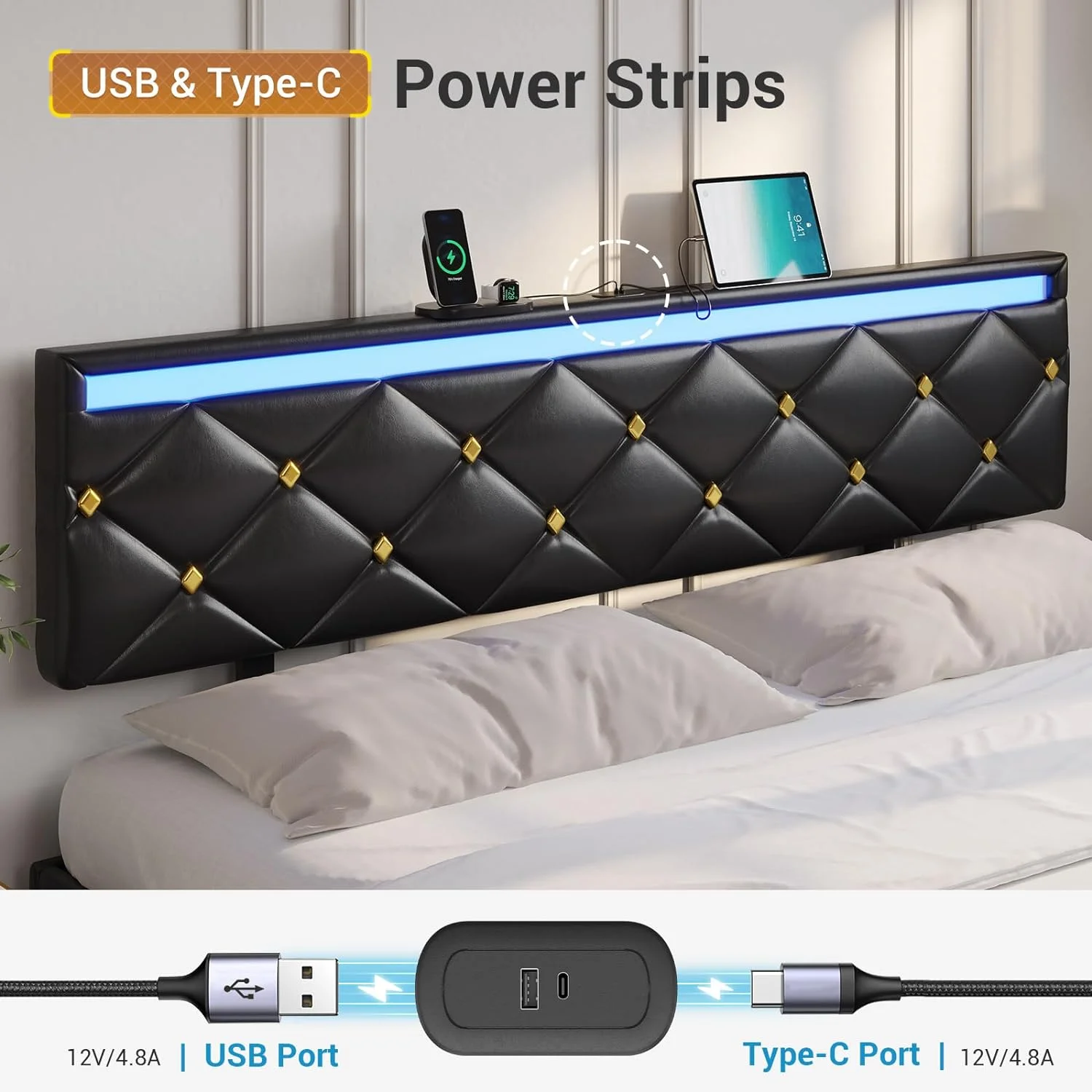 LED Floating Bed Frame King Size with LED Lights and Charging Station,Modern Upholstered Platform Bed Frame with Leather Headboard,Noise Free,Black