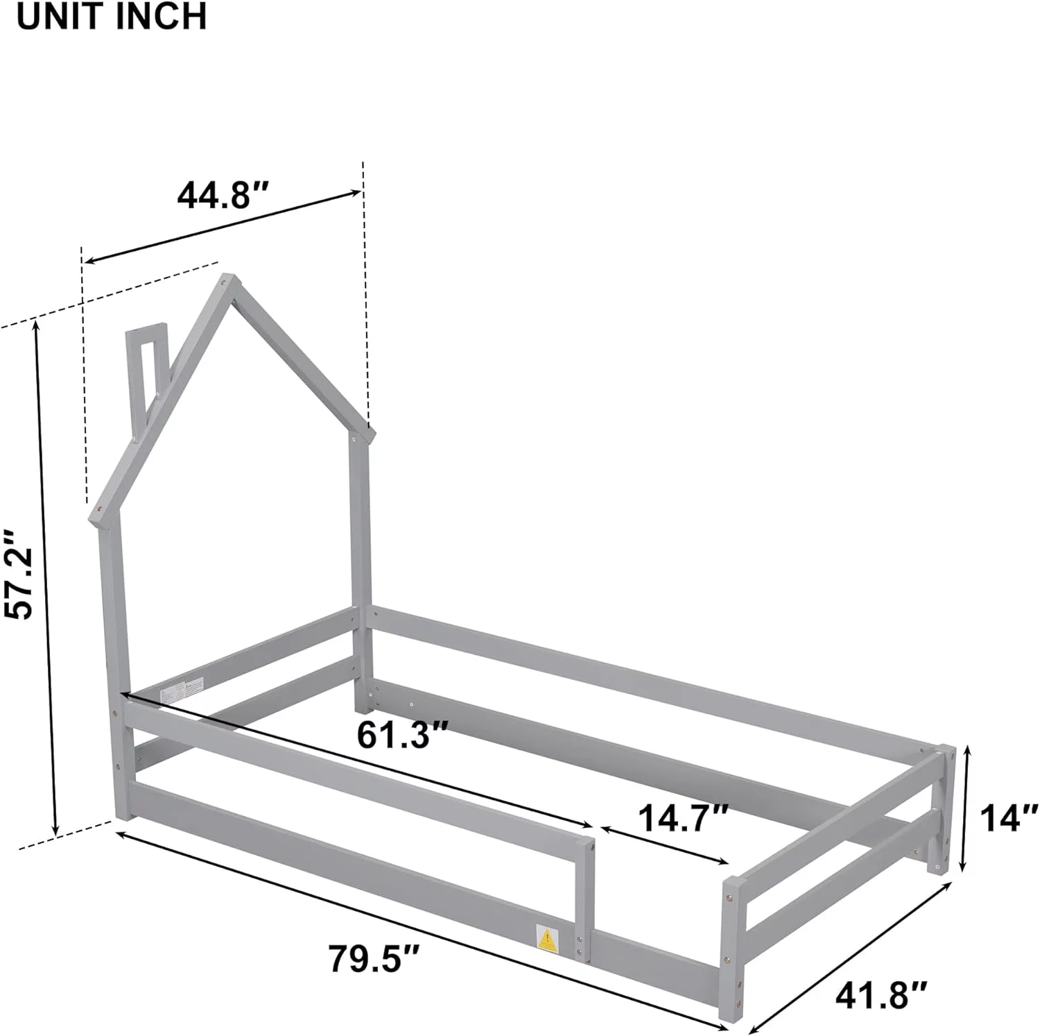 Floor Bed For Kids Wih House-Shaped Headboard, Wood Size Plaform Bed Wih Rails,Cue Monessori Bed Frame For Boys Girls, Grey