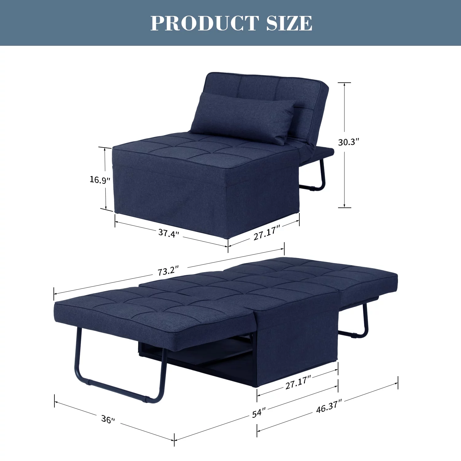 Ainfox Folding Sofa Bed, 4 in 1 Daybeds Ottoman Chair Lounge Couch for Guest Sleeper, Suitable for Modern Living Room, Bedroom, Twin Size(Blue)