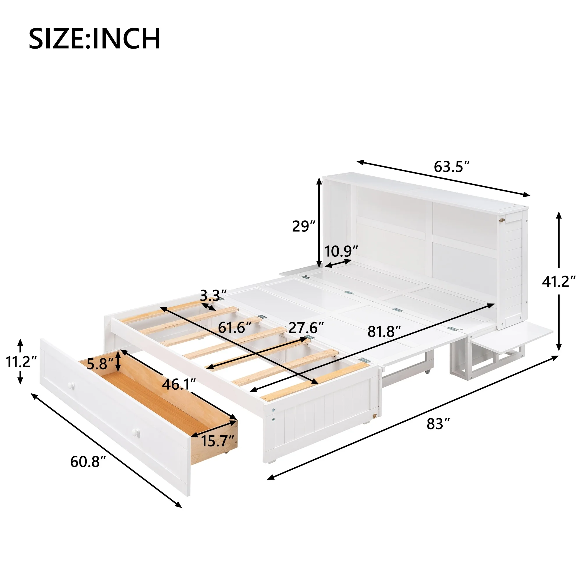 Queen Cube Cabinet Bed, Space-Saving Murphy Bed with Drawer and Side Shelves for Multipurpose Guest Room or Home Office