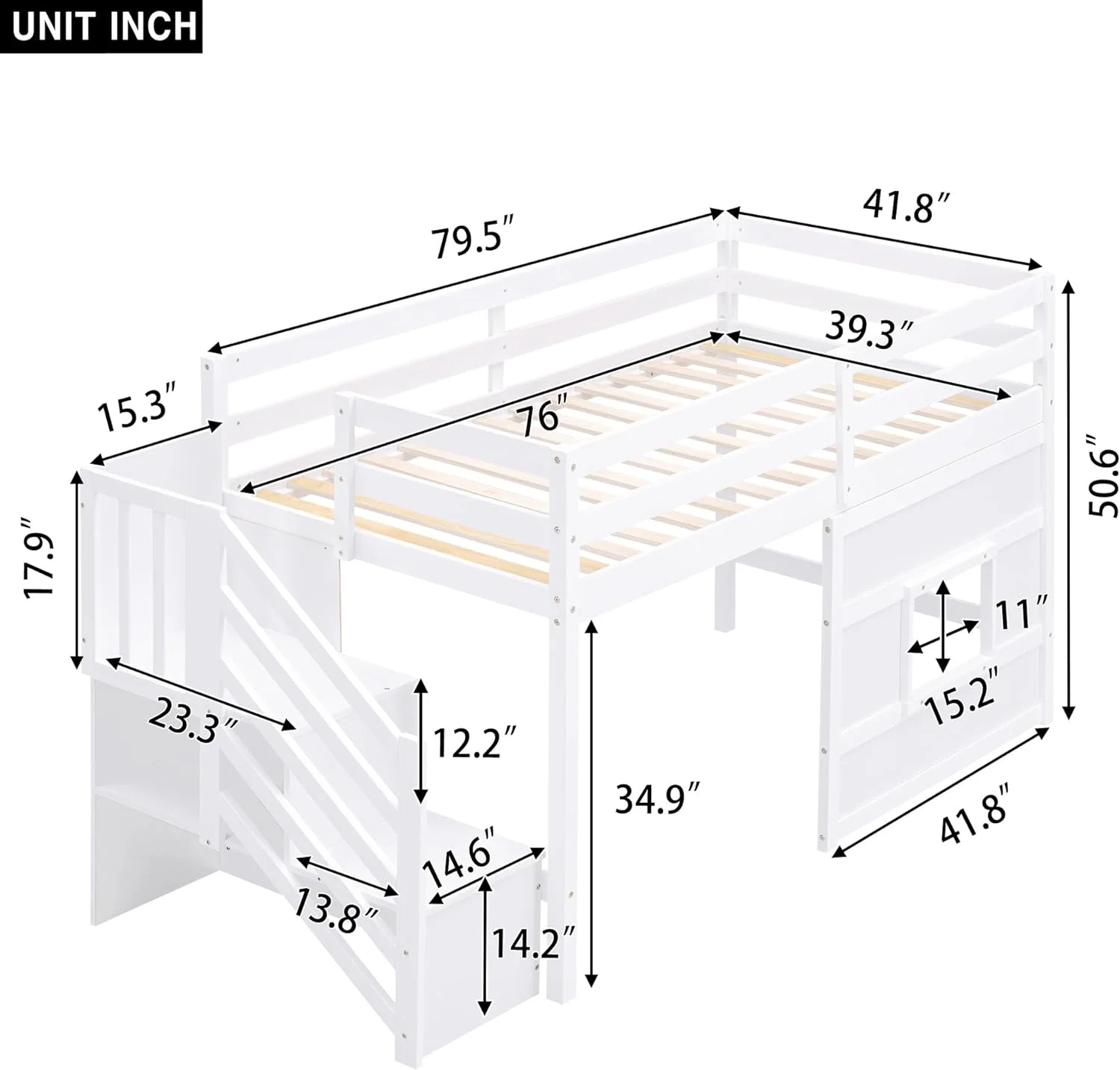 Size Low Loft Bed With Stairs,Wood Loft Bed For Kids,Loft Bed With Widow Desig, Space-Savig Bed For Girls Boys,White