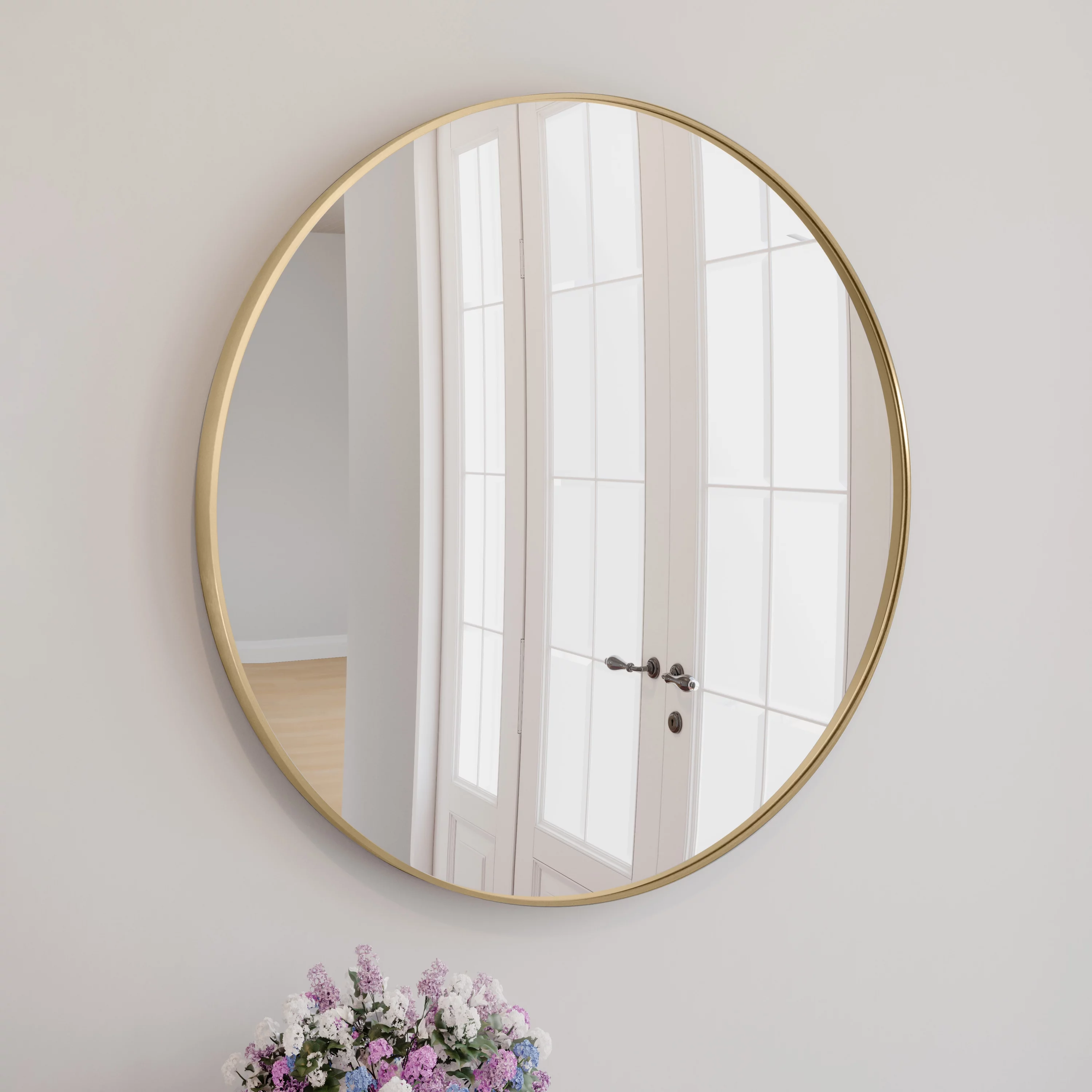 Kenna Round Wall Accent Mirror – 28-Inch, Modern Metal Framed – Living Room, Bedroom, Bathroom Vanity Mirror – Gold – Design House, 587196-GLD