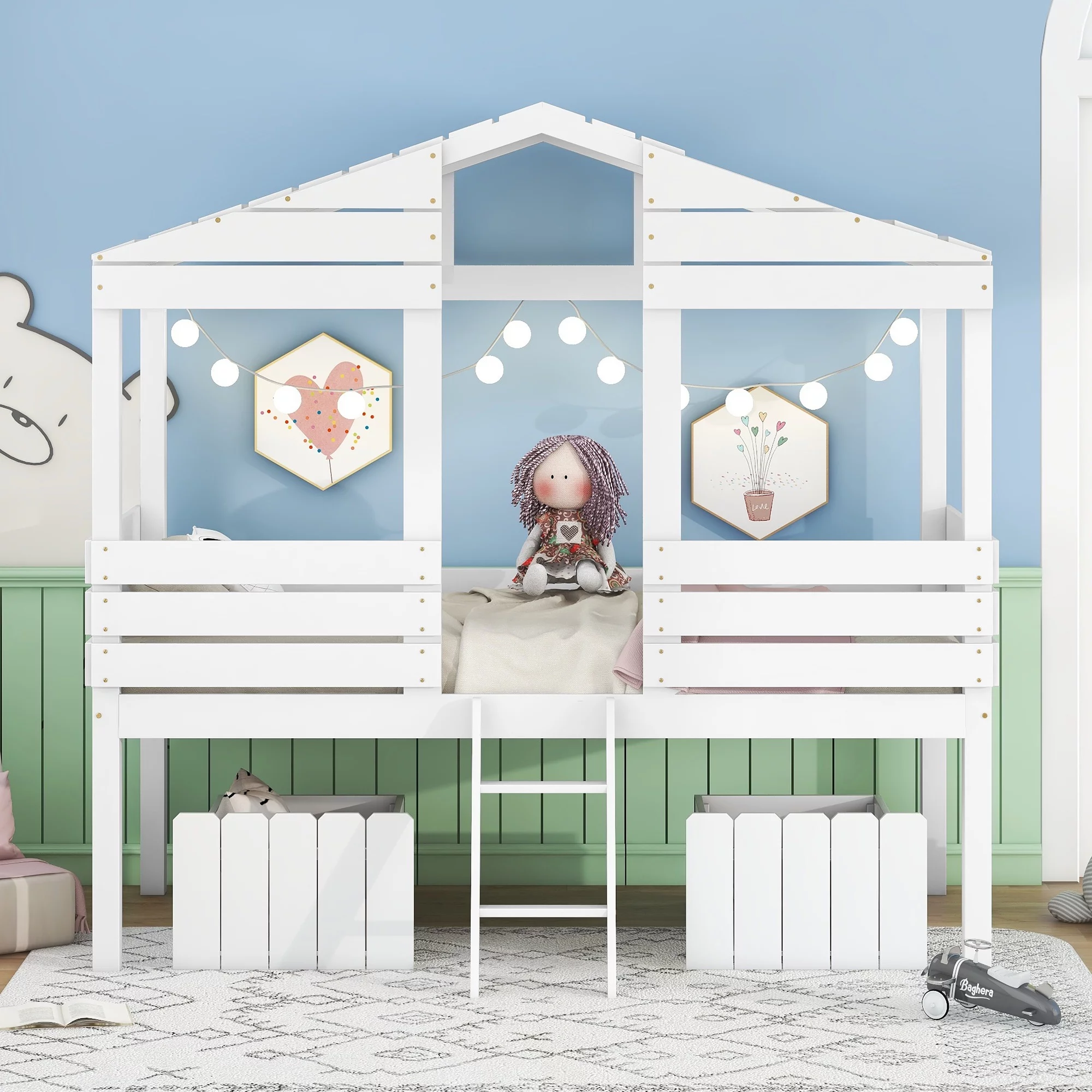 Bellemave White Kids Twin Size House-shaped Loft Bed with Storage for Bedroom, Twin Size Low Wood House Loft Bed with Two Drawers for Kids Children