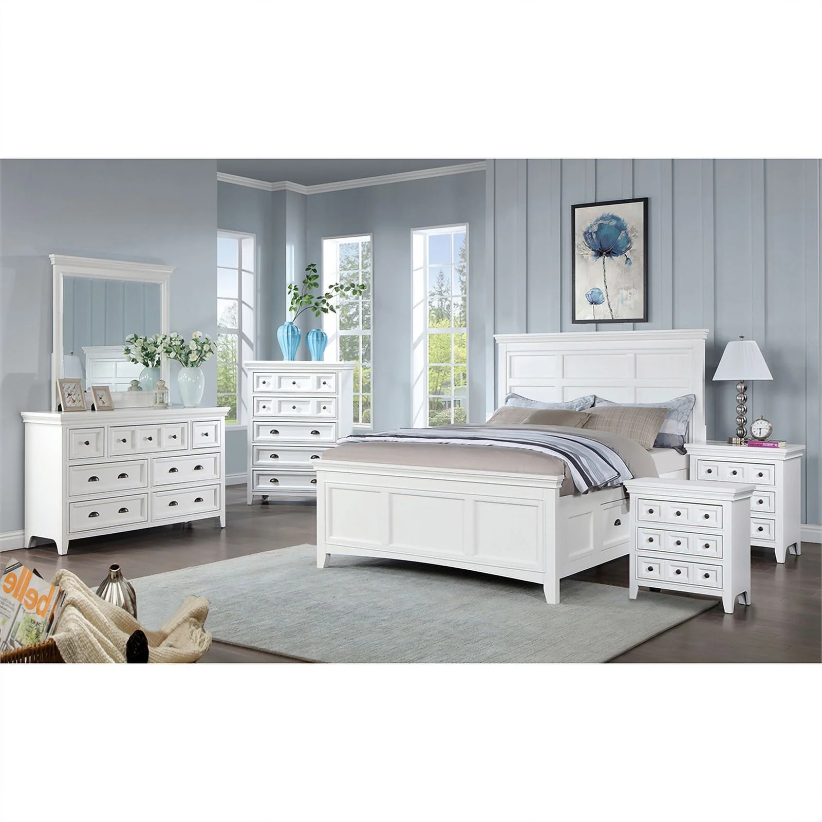 FOA Ender 6pc White Wood Bedroom Set - Full+ 2 Nightstands+Chest+Dresser+ Mirror