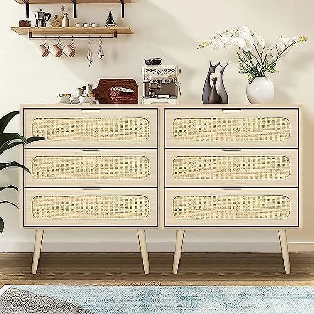 xrboomlife Drawer Dresser Rattan Chest of Drawers with 3 Drawers Dresser Accent Cabinet Modern Bedside Table for Living Room Bedroom Entryway (Natural)