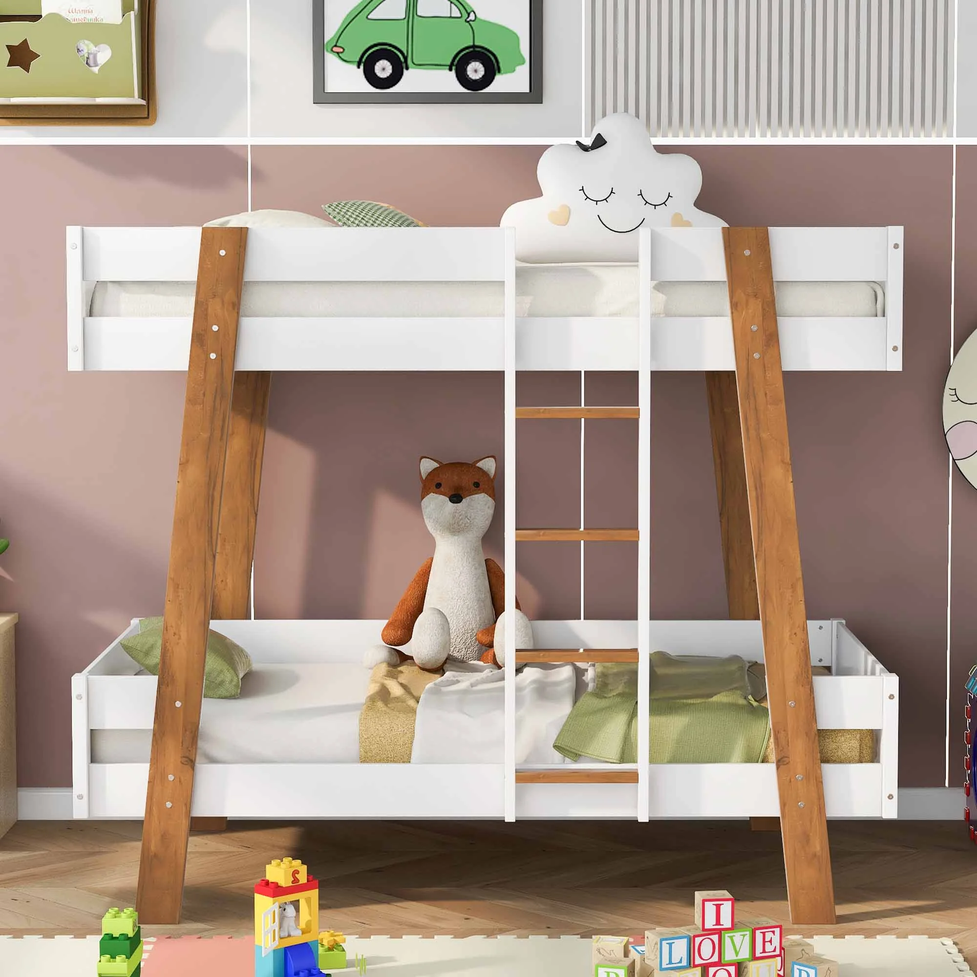Wood Bunk Twin Over Twin, Bunk Bed with Safety Guardrail, Solid Wood Bed Frame for Dormitory & Multiple-Child Family, Bed with Built-in Ladder and 4 Wood Color Columns(White, Twin over Twin)