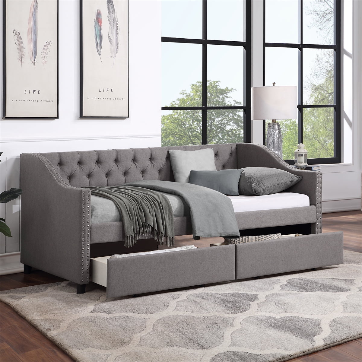 Daybed with 2 Storage Drawers, Wood Twin Bed Frame Sofa Bed for Kids Girls Boys, Living Room Bedroom Furniture, No Box Spring Needed