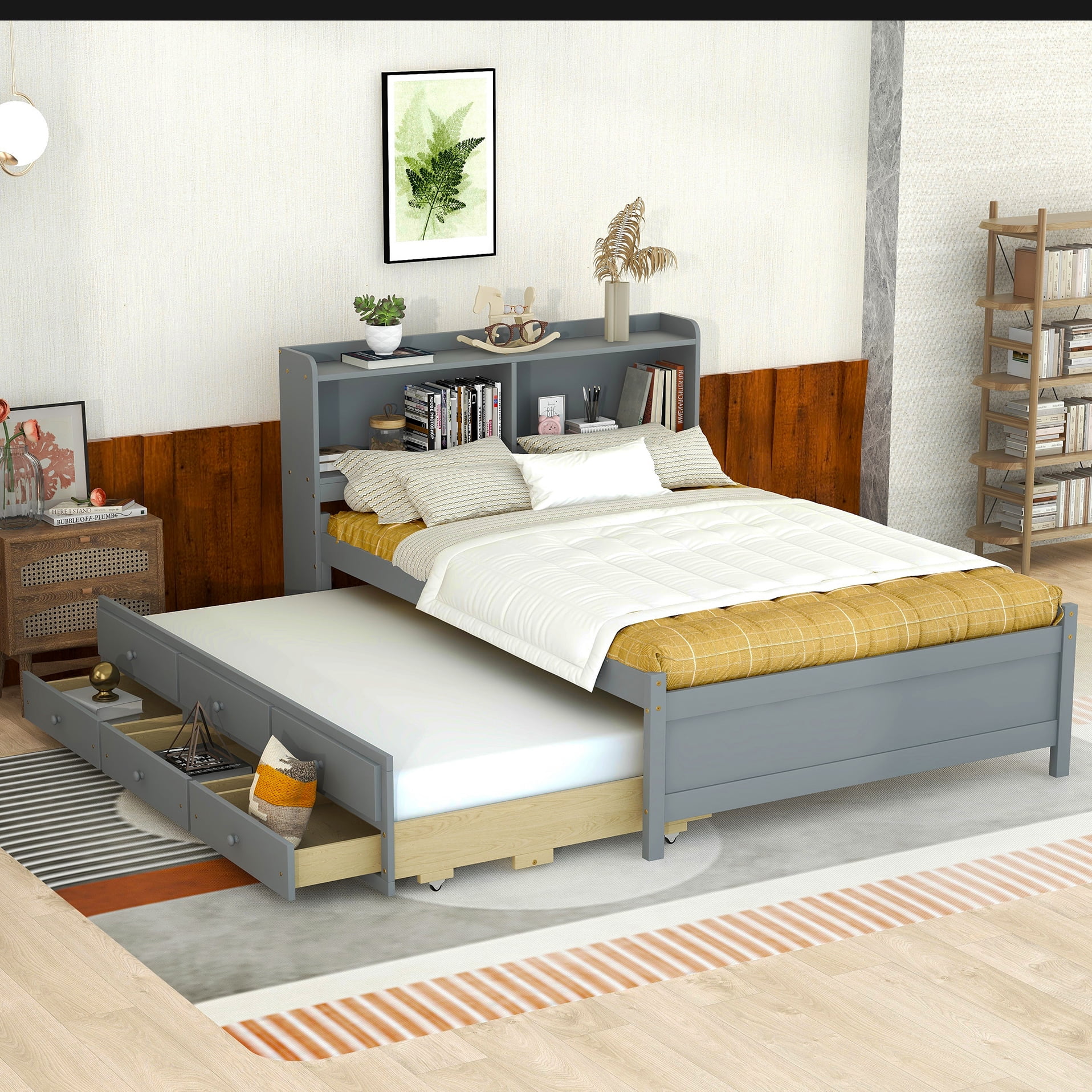 CoSoTower Full Size Bed with USB & Type-C Ports, LED Light, Bookcase Headboard, Trundle and 3 Storage Drawers , Full Size Size Bed with Bookcase Headboard, Trundle and Storage Drawers ,Grey