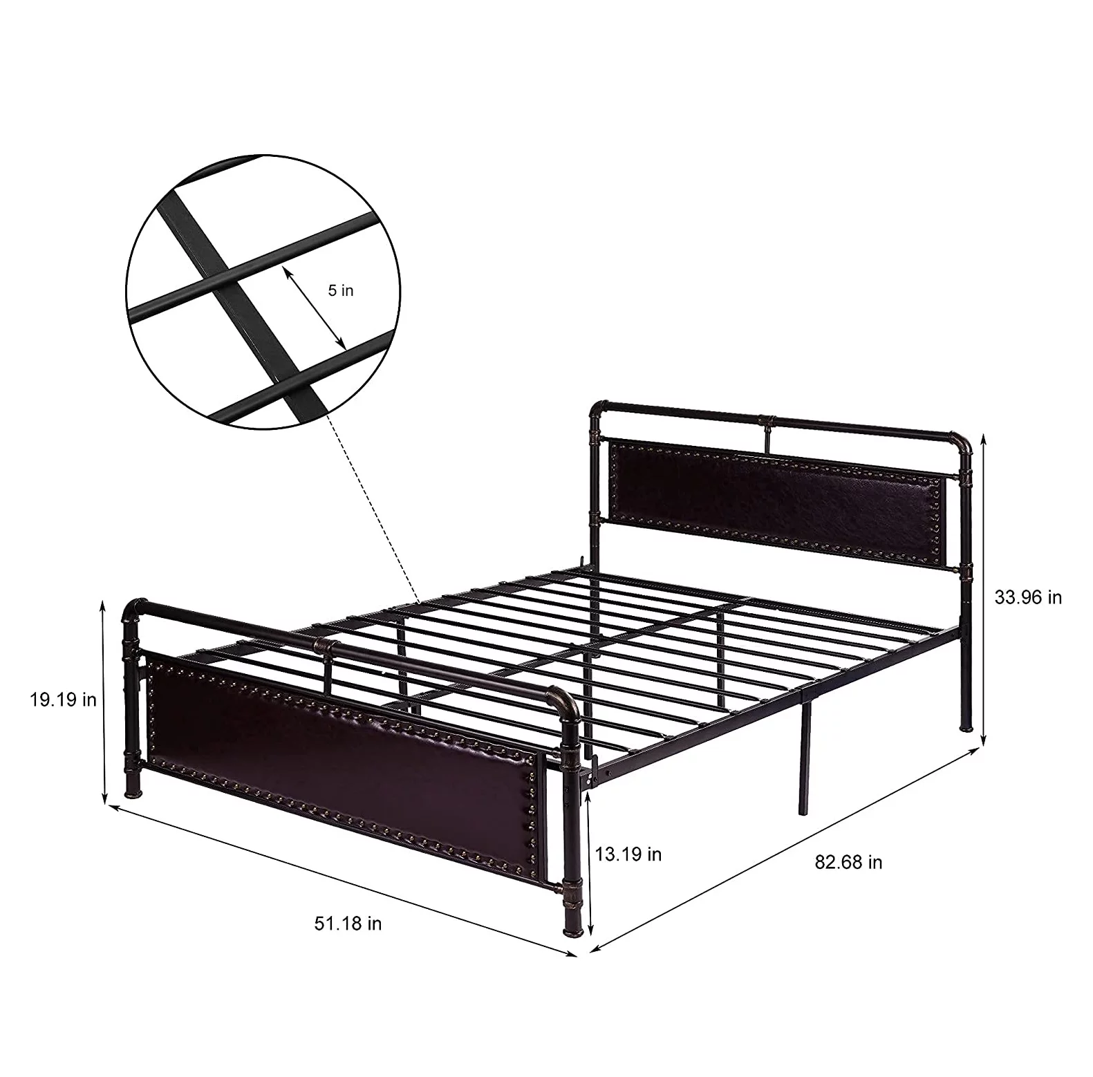 Queen Size Metal Bed Frame Platform with Faux Leather Headboard and Footboard Heavy Duty Steel Slat Support Brown