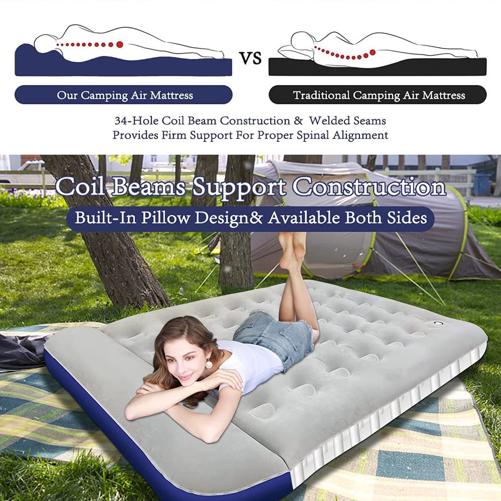 Camping Air Mattresses for Tents - Air Mattress with Built in Pump(Light Grey & Blue)