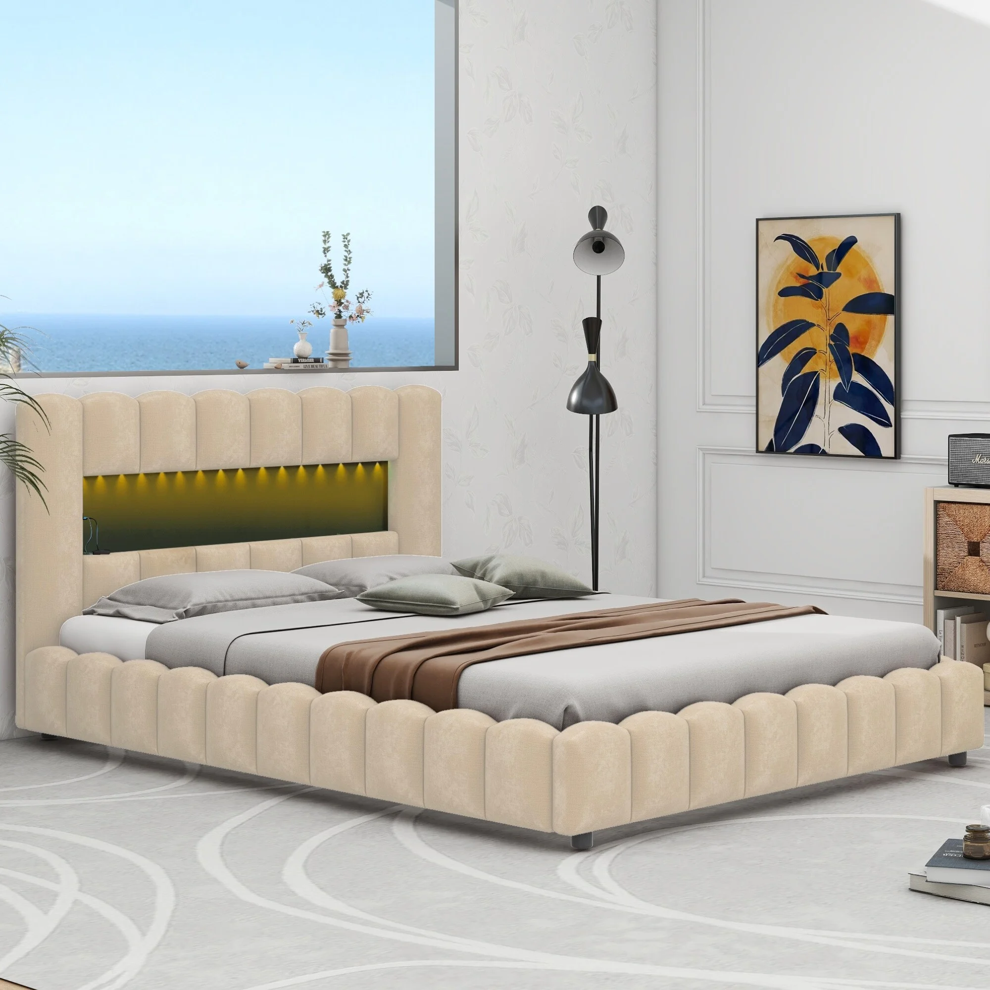 Queen Size Upholstered Storage Platform Bed with LED Headboard & USB Beige - Queen
