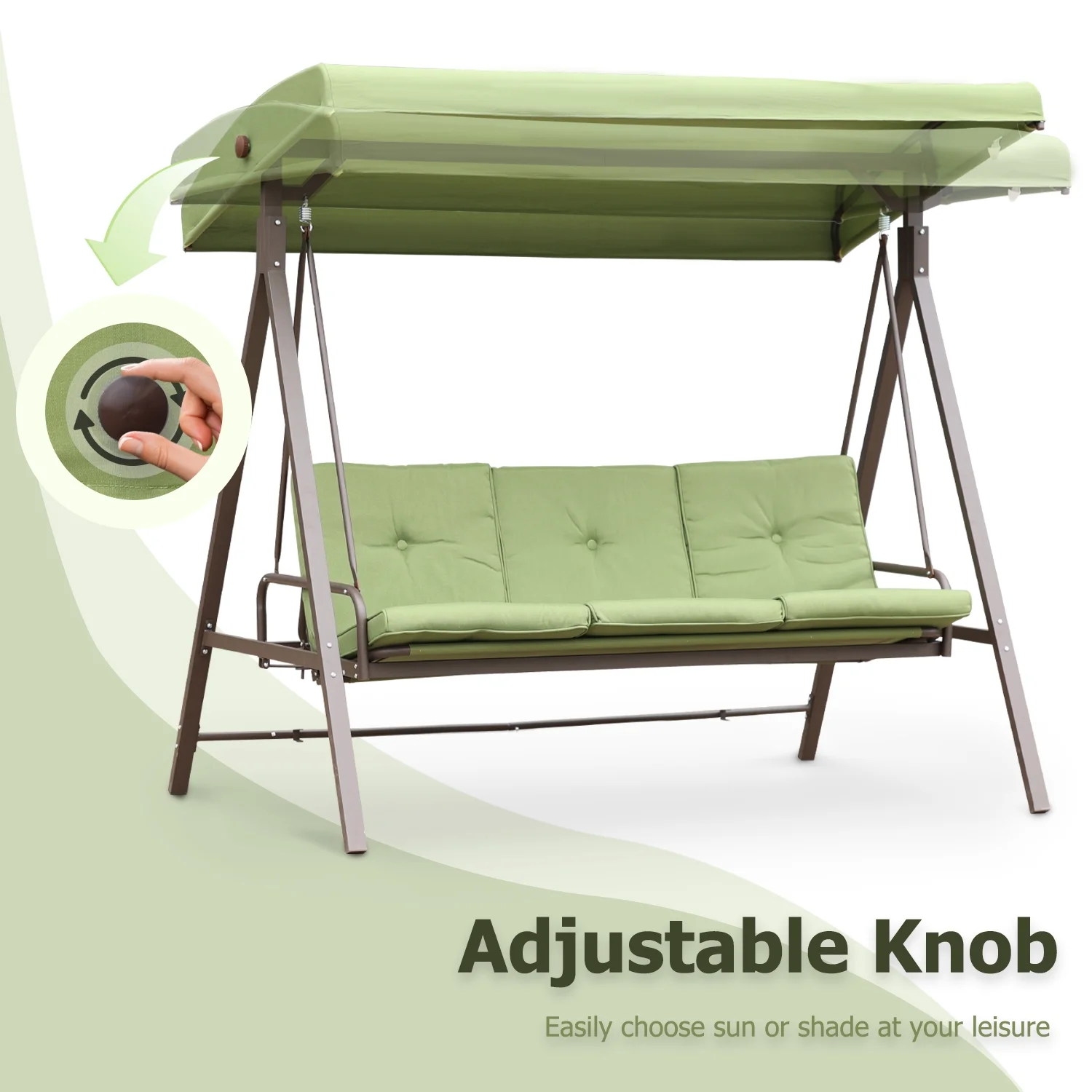 Aoodor Outdoor Converting Patio Porch Swing Bed with Adjustable Canopy, with Removable Olefin Cushions, 3 Seater - Green
