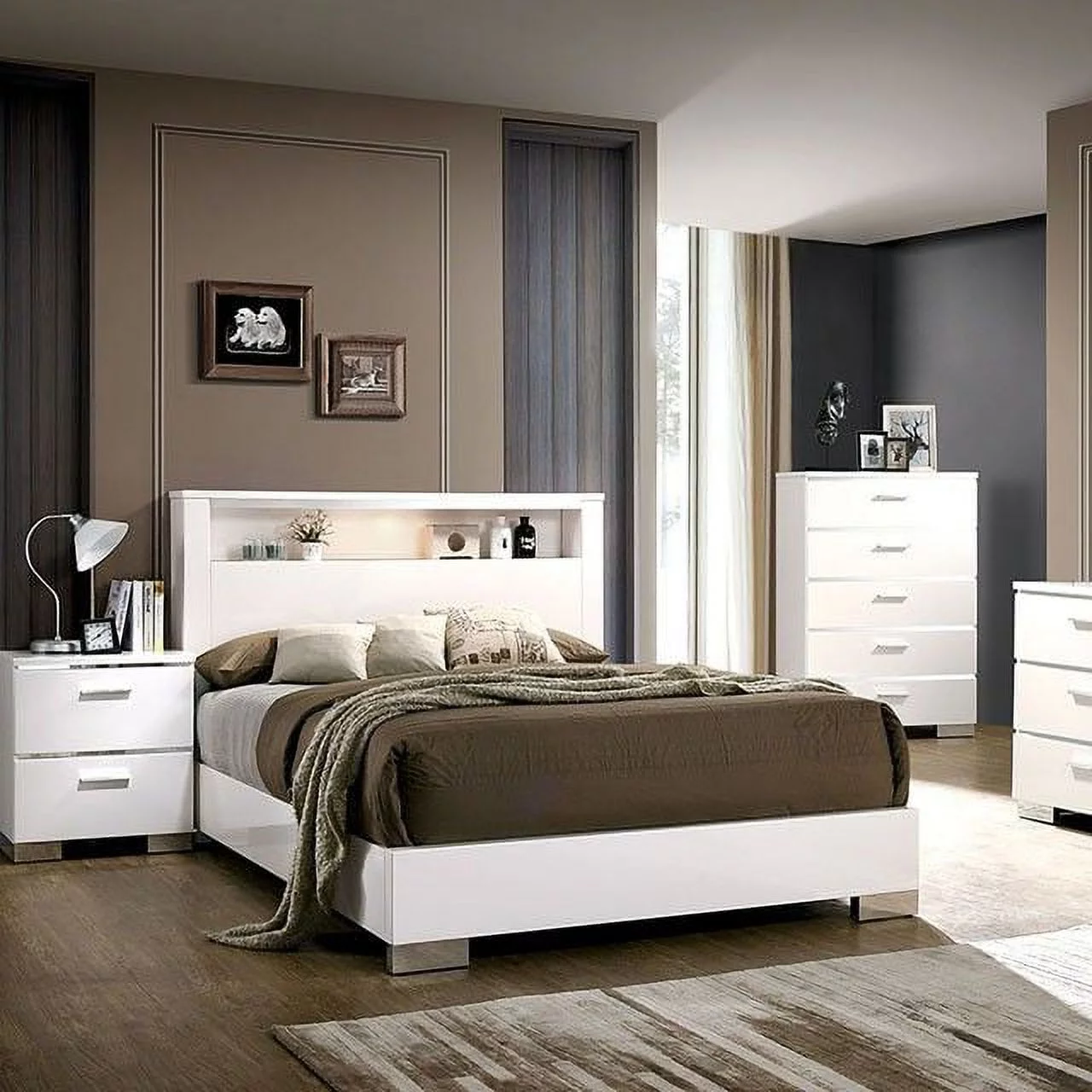 4pc Queen Size Platform Bed Headboard Shelves Bedroom Furniture Set White Finish