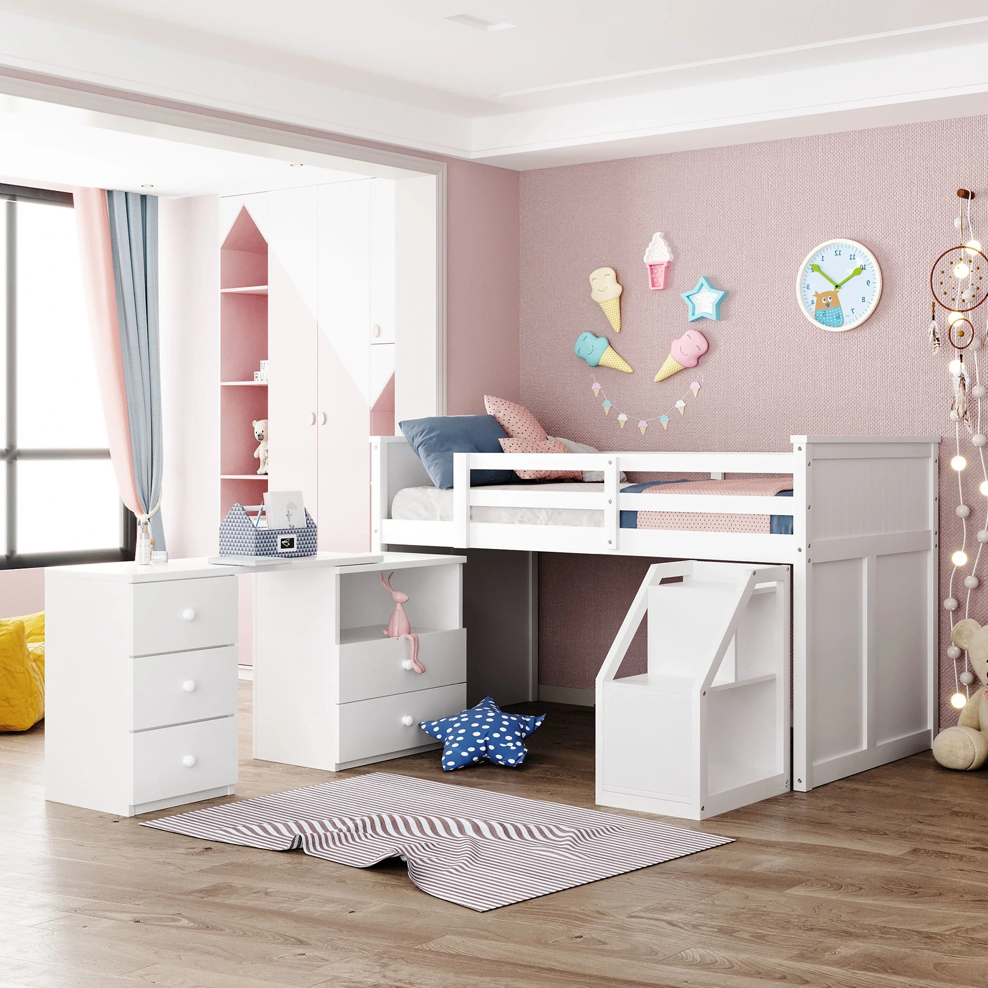 Twin Wood Loft Bed with Ladder and Guard Rail, Loft Bed with Desk , Low loft Twin Bed with Storage Cabinet and Rolling Portable Desk for Kids and Teenagers