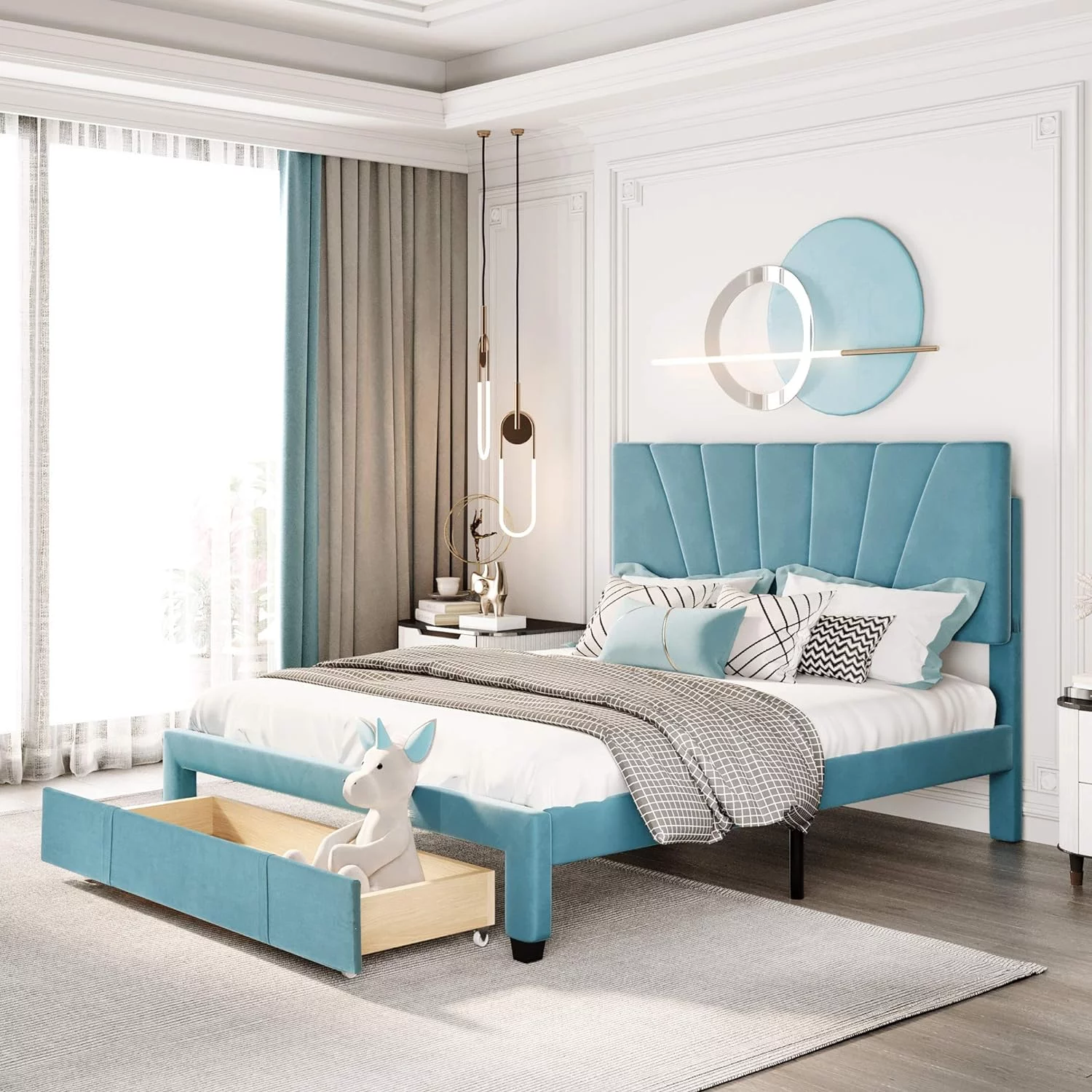 Sorage Bed Velve Upholsered Plaform Bed Frame Wih A Big Drawer,Queen Size Wooden Sla Suppor, No Box Spring Needed