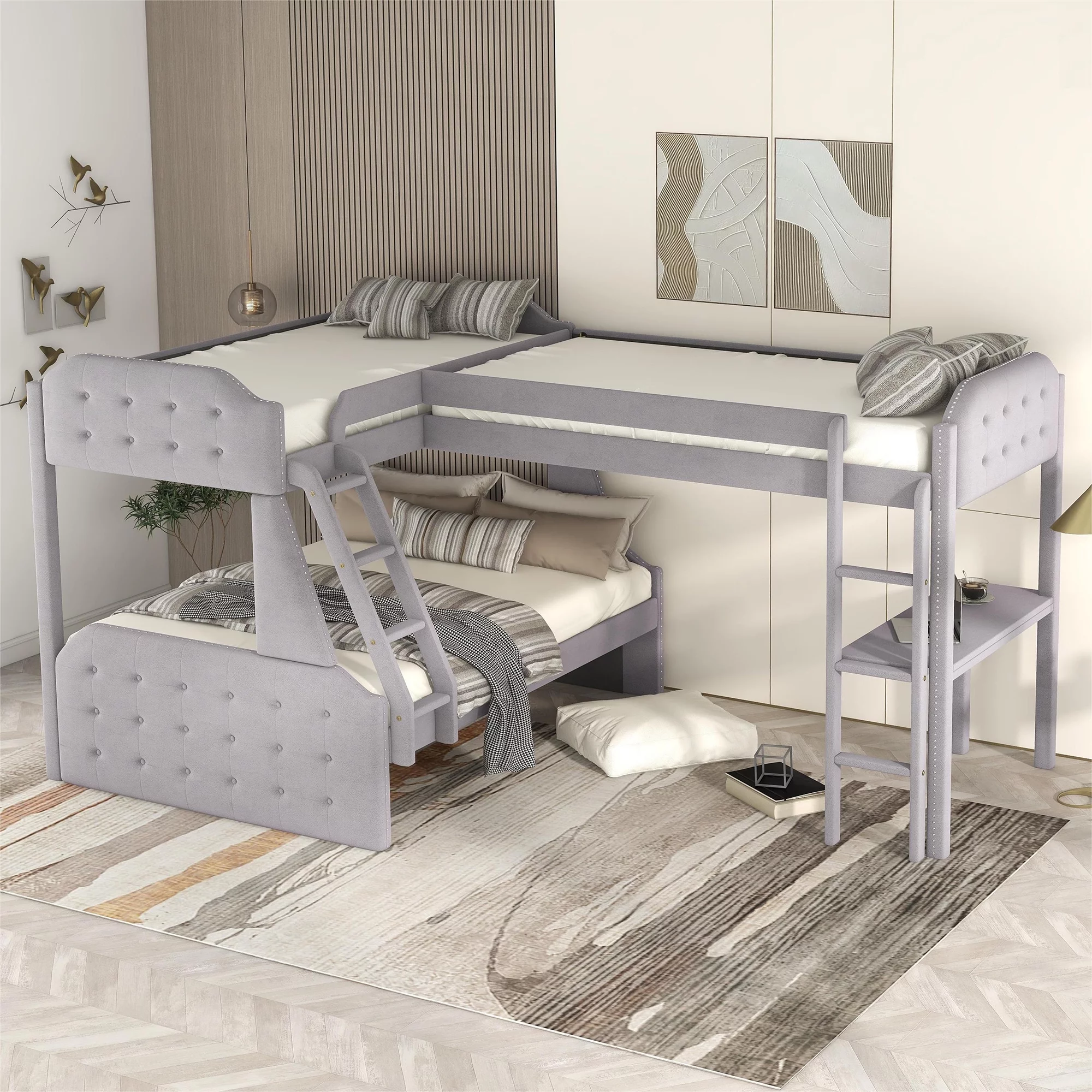 L-Shaped Twin over Full Bunk Bed and Twin Size Loft Bed with Desk in Grey: Space-Saving and Functional Furniture Solution