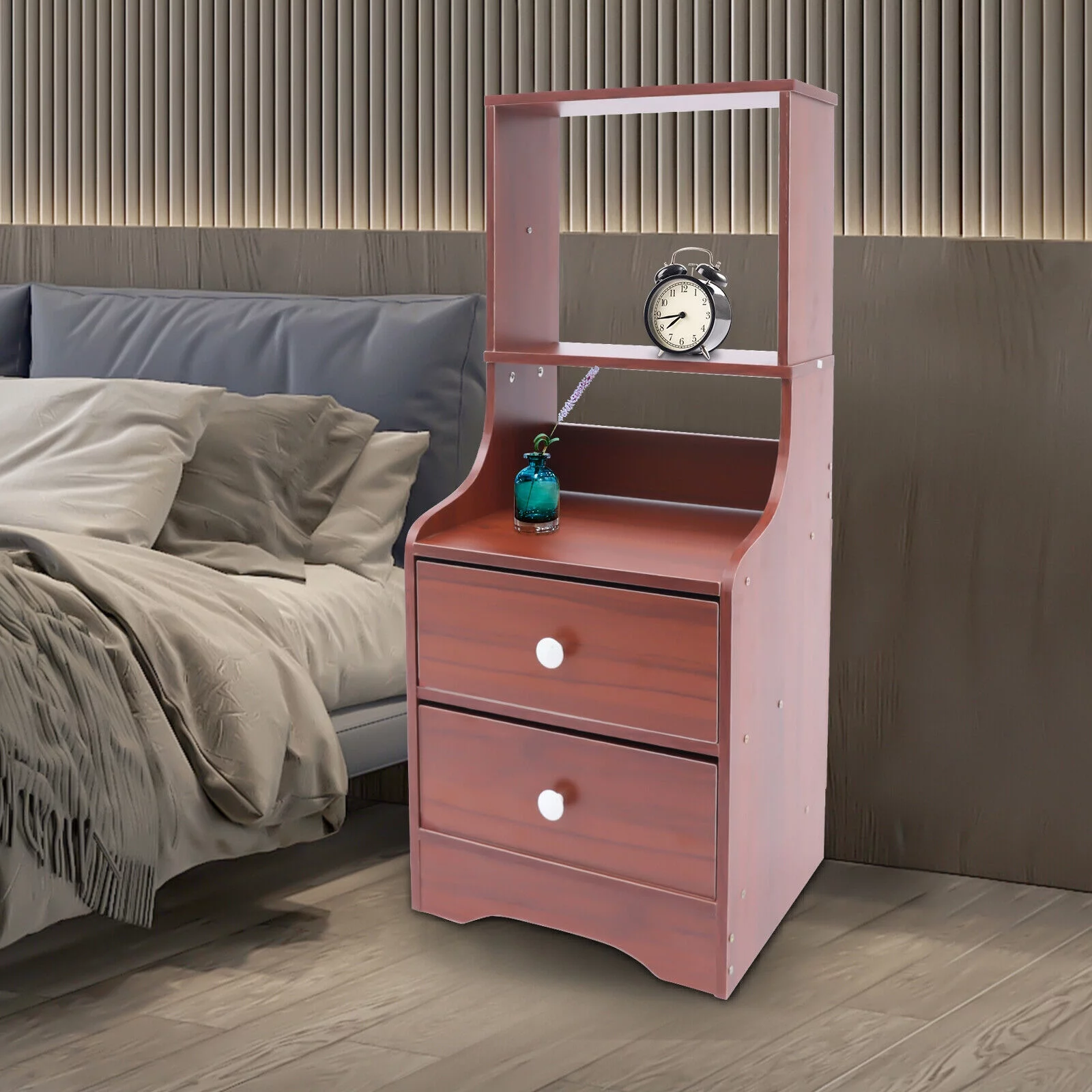 Fichiouy Nightstand Tall Bed End Table Bedside Table with 2 Drawers&2 Tier Storage Shelves Wood