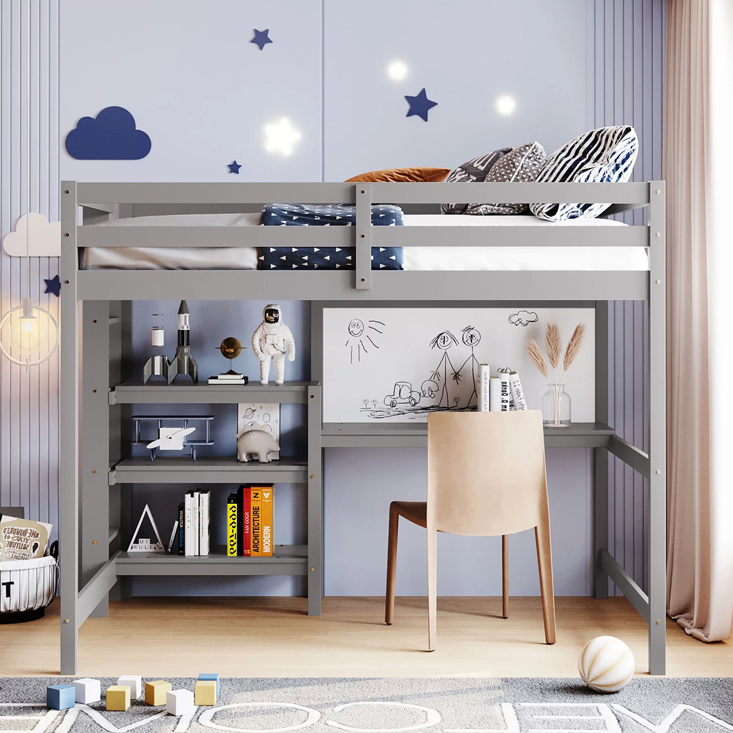 Churanty Full Size Loft Bed with Desk and Shelves,Wooden Loft Bed with Storage Shelves and Writing Board,Full Loft Bed Frame for Kids with Stairs,Gray