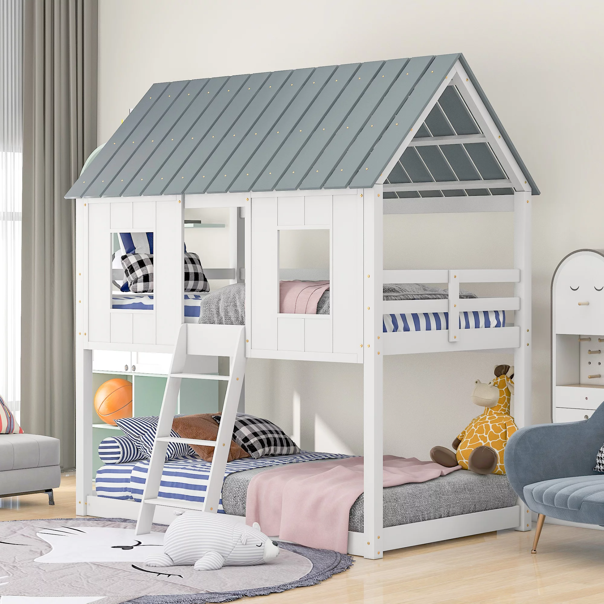 House Bed for Kids, Loft Bed Frames Twin Over Twin Size, Wood Toddler House Bed with Roof and Fence-Shaped Guardrail, No Box Spring Needed