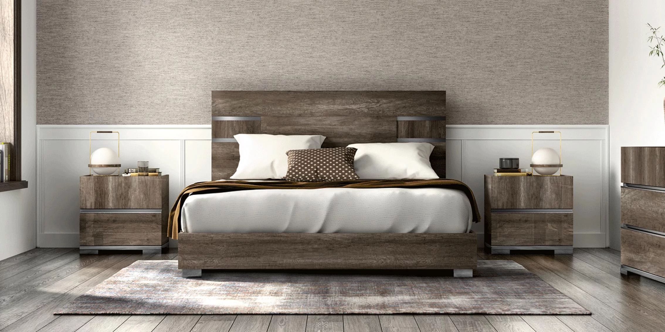 Glossy Vintage Oak King Bedroom Set 3 KAMEA ESF Classic Modern MADE IN ITALY
