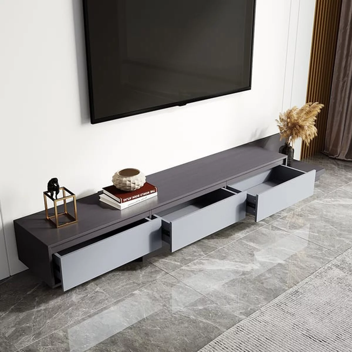 118 in. Modern TV Stand Extendable Media Console with 3 Drawers Light Gray/Dark Gray