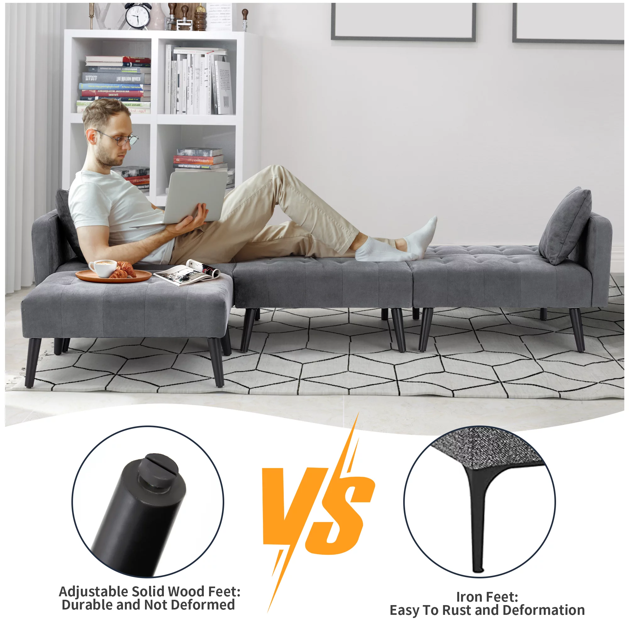 Homrest Convertible Sectional Sofa Bed, Linen L-Shaped Couch W/ Adjustable Backrest for Living Room and Apartment(Dark Gray)