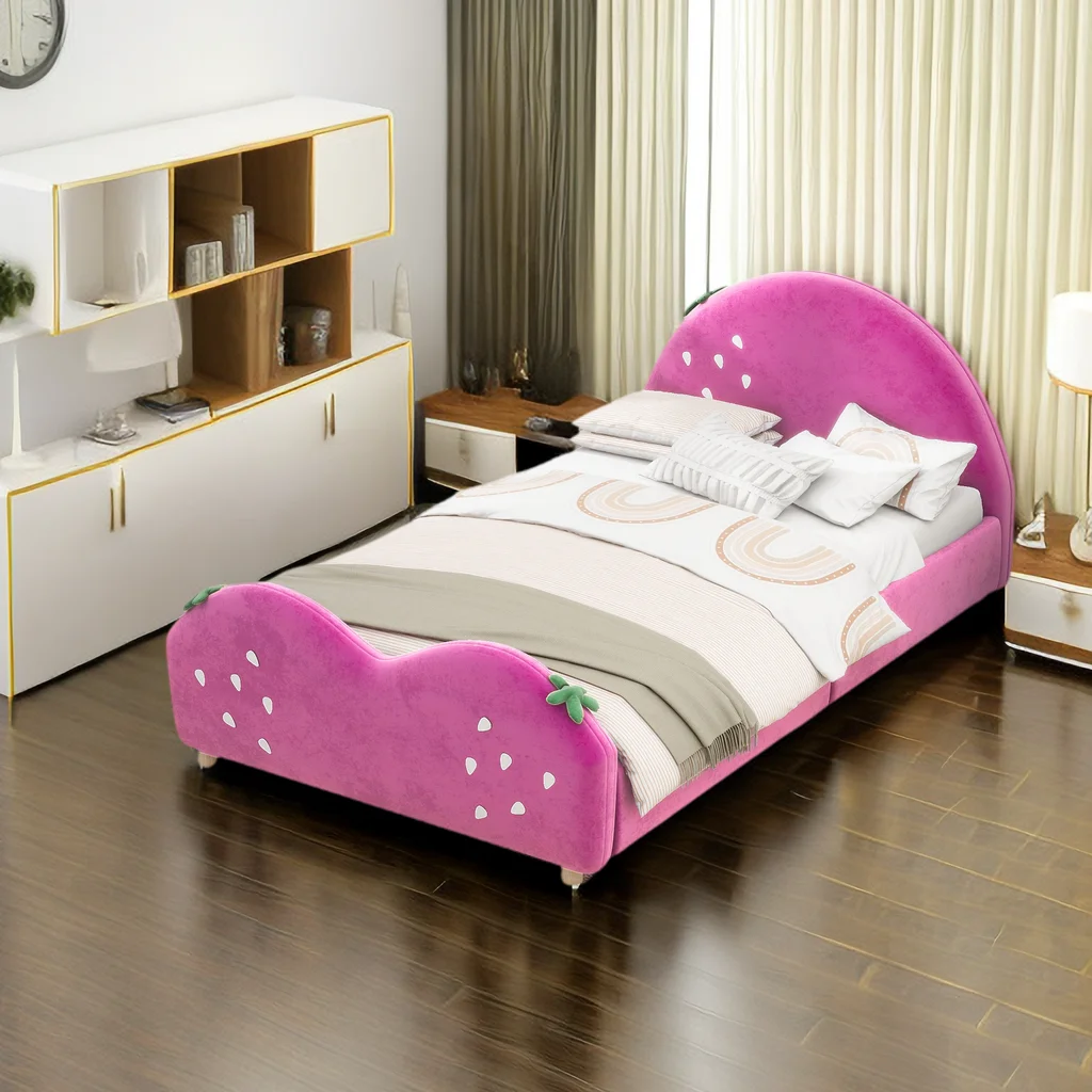 Twin Size Upholstered Platform Bed Frame for Boys Girls Kids Adults Toddler with Strawberry Shaped Headboard and Footboard