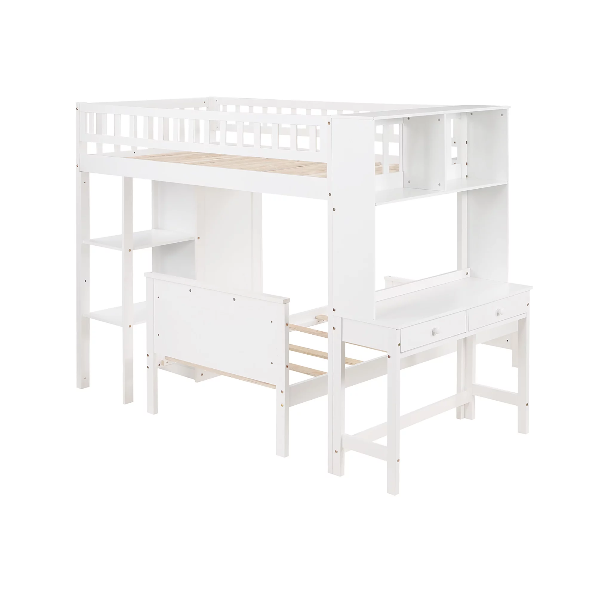 LANTRO JS Twin Size Loft Bed with Closet and Desk, Extra Bottom Twin Bed, White