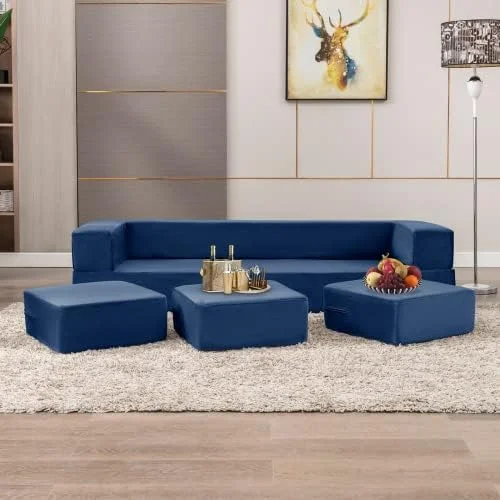 YZboomLife Convertible Futon Sofa Bed with 3 Ottomans  Memory Foam Pull Out Couch  Velvet Fold Out Sleeper Sofa Couch  Foldable Mattress Floor Sofa for Living Room/Bedroom/Office  Blue