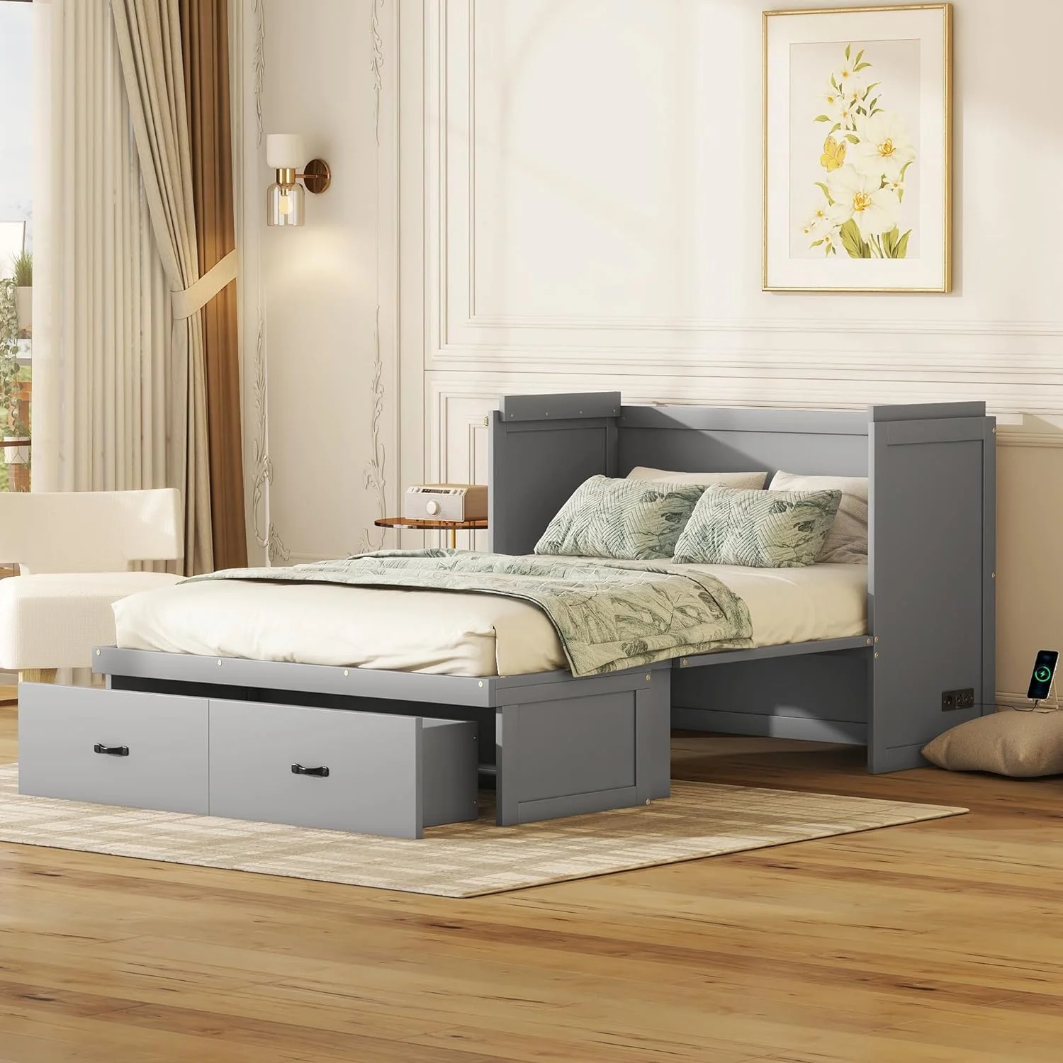 Full Size Murphy Bed Wih USB Por Ad A Large Drawer, Space-Savig Wall Bed For Mulipurpose Gues Room Or Home Office - Gray