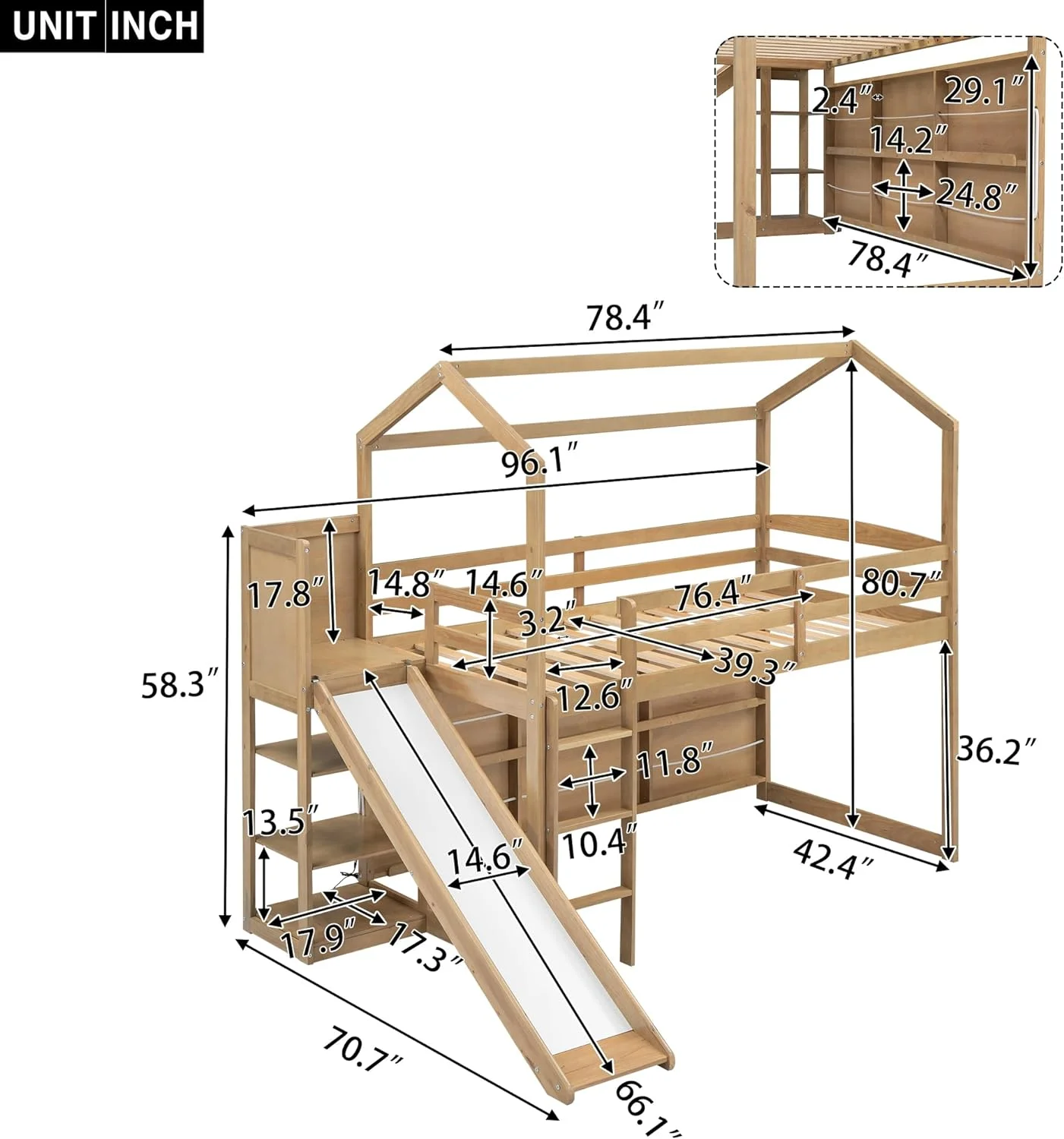 Twin Size House Loft Bed with Slide and Climbing Ramp, Wood House Loft Bed with Storage Shelves and Light for Kids Teens Adult Bedroom